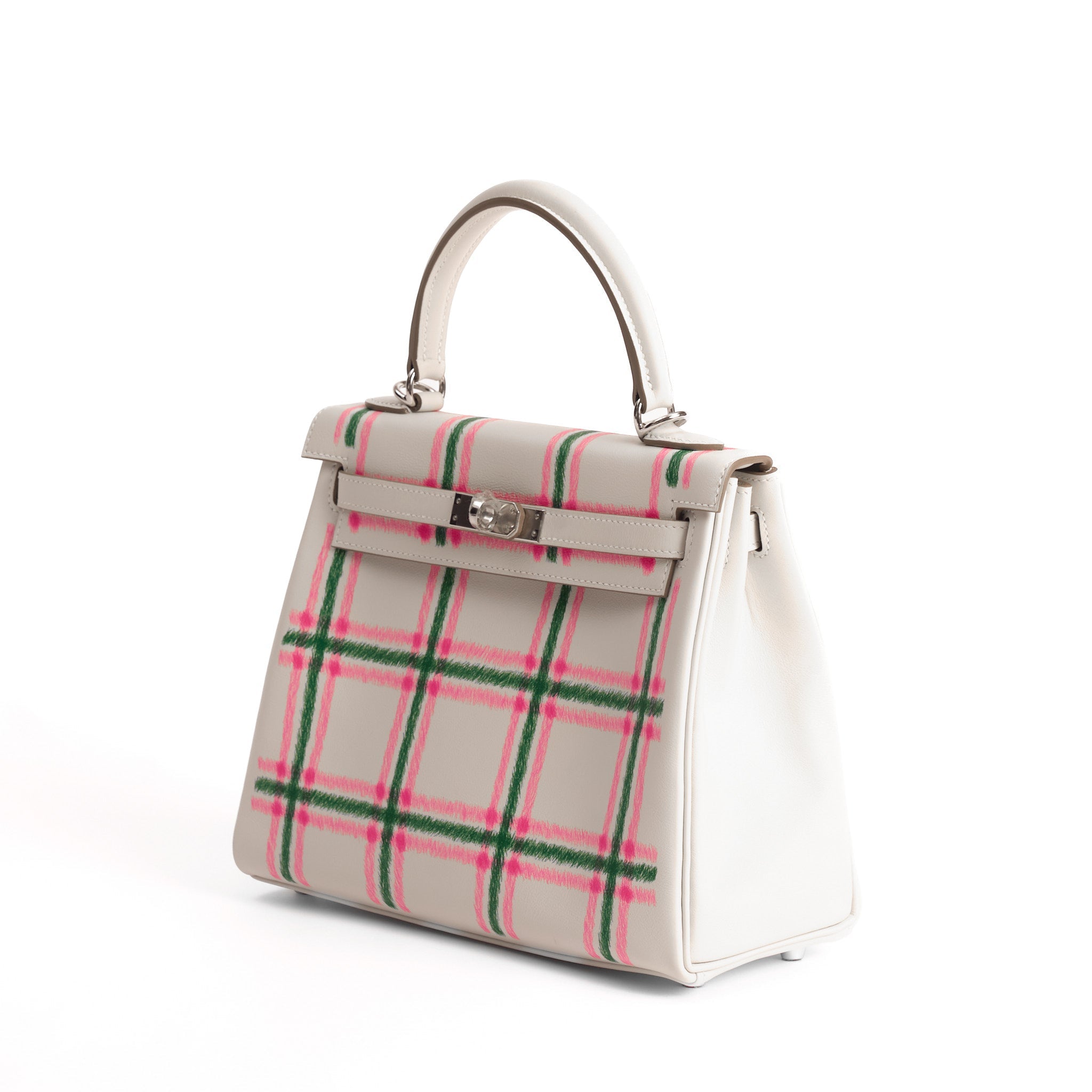 HERMES Kelly 25 Tartan Pale Grey / Bubblegum / Green Swift Leather Palladium Hardware