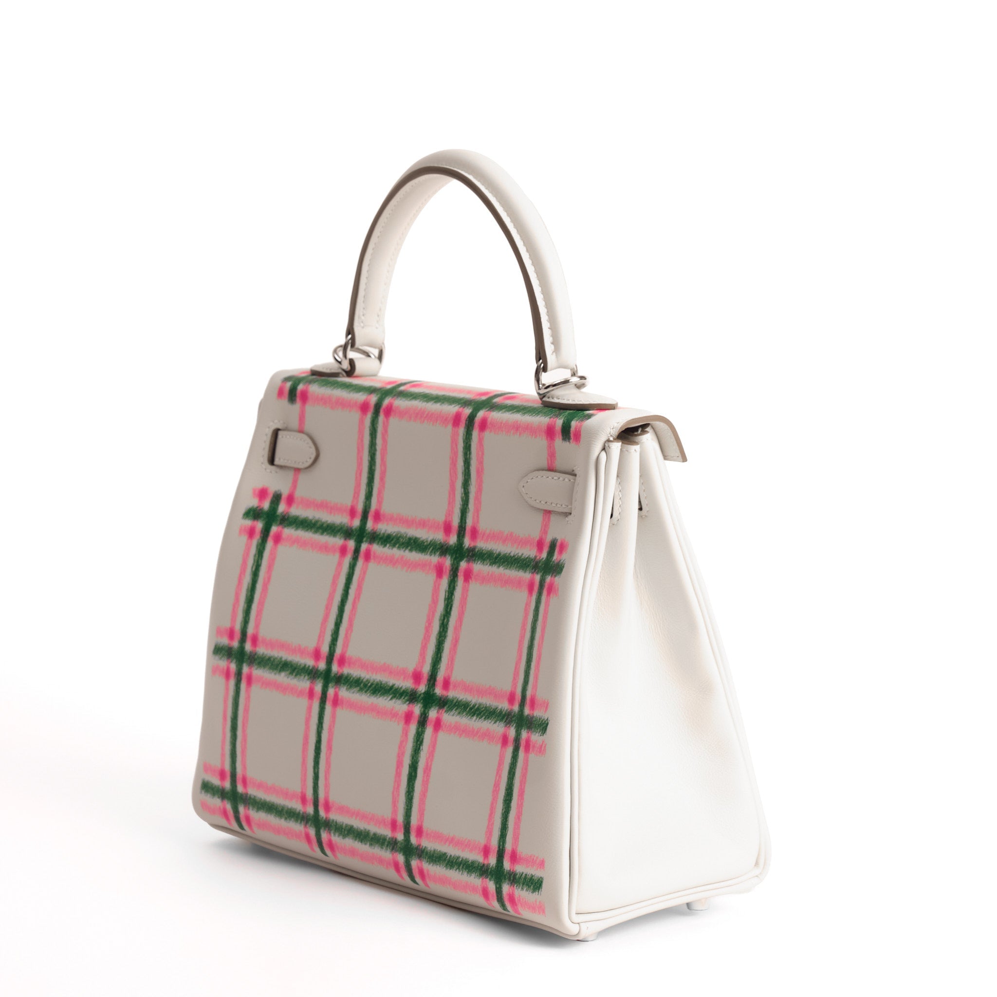 HERMES Kelly 25 Tartan Pale Grey / Bubblegum / Green Swift Leather Palladium Hardware