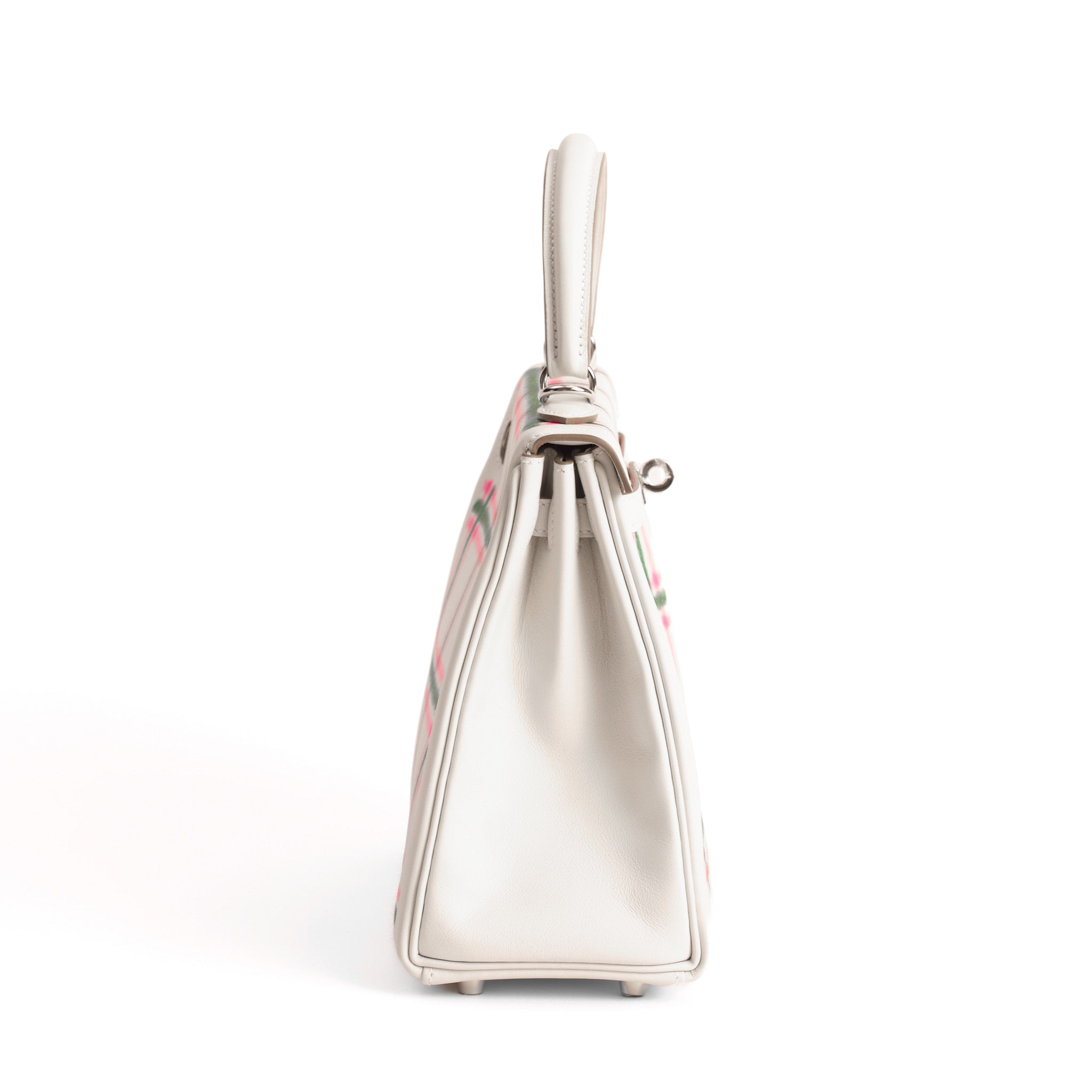 HERMES Kelly 25 Tartan Pale Grey / Bubblegum / Green Swift Leather Palladium Hardware