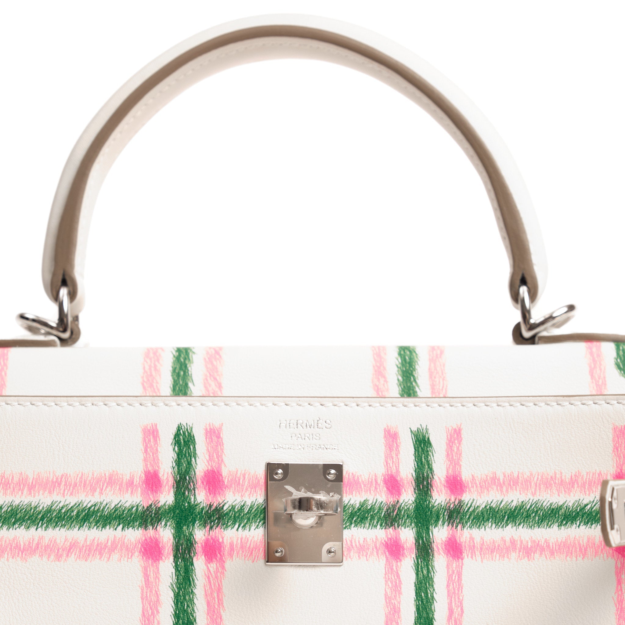 HERMES Kelly 25 Tartan Pale Grey / Bubblegum / Green Swift Leather Palladium Hardware