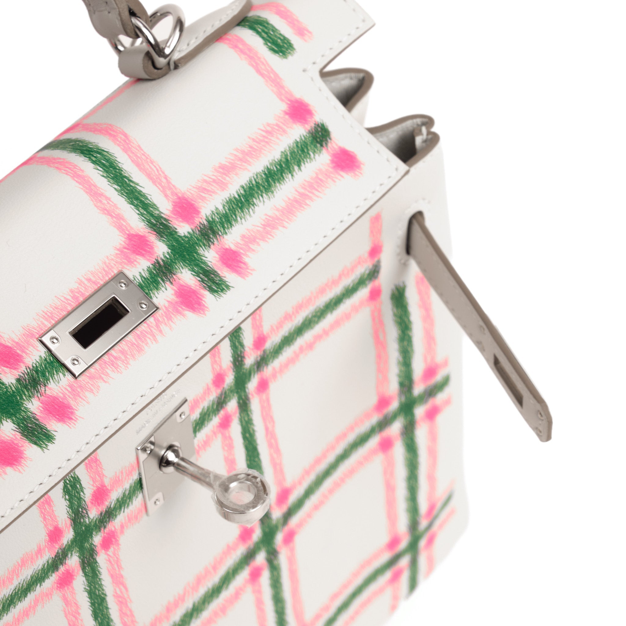 HERMES Kelly 25 Tartan Pale Grey / Bubblegum / Green Swift Leather Palladium Hardware