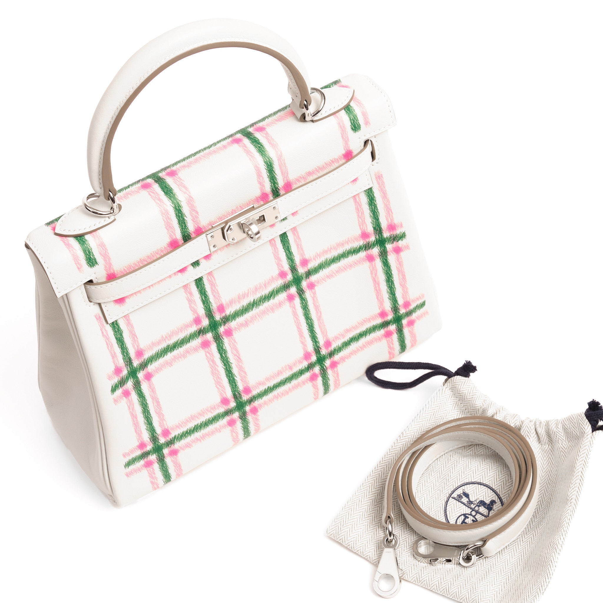 HERMES Kelly 25 Tartan Pale Grey / Bubblegum / Green Swift Leather Palladium Hardware