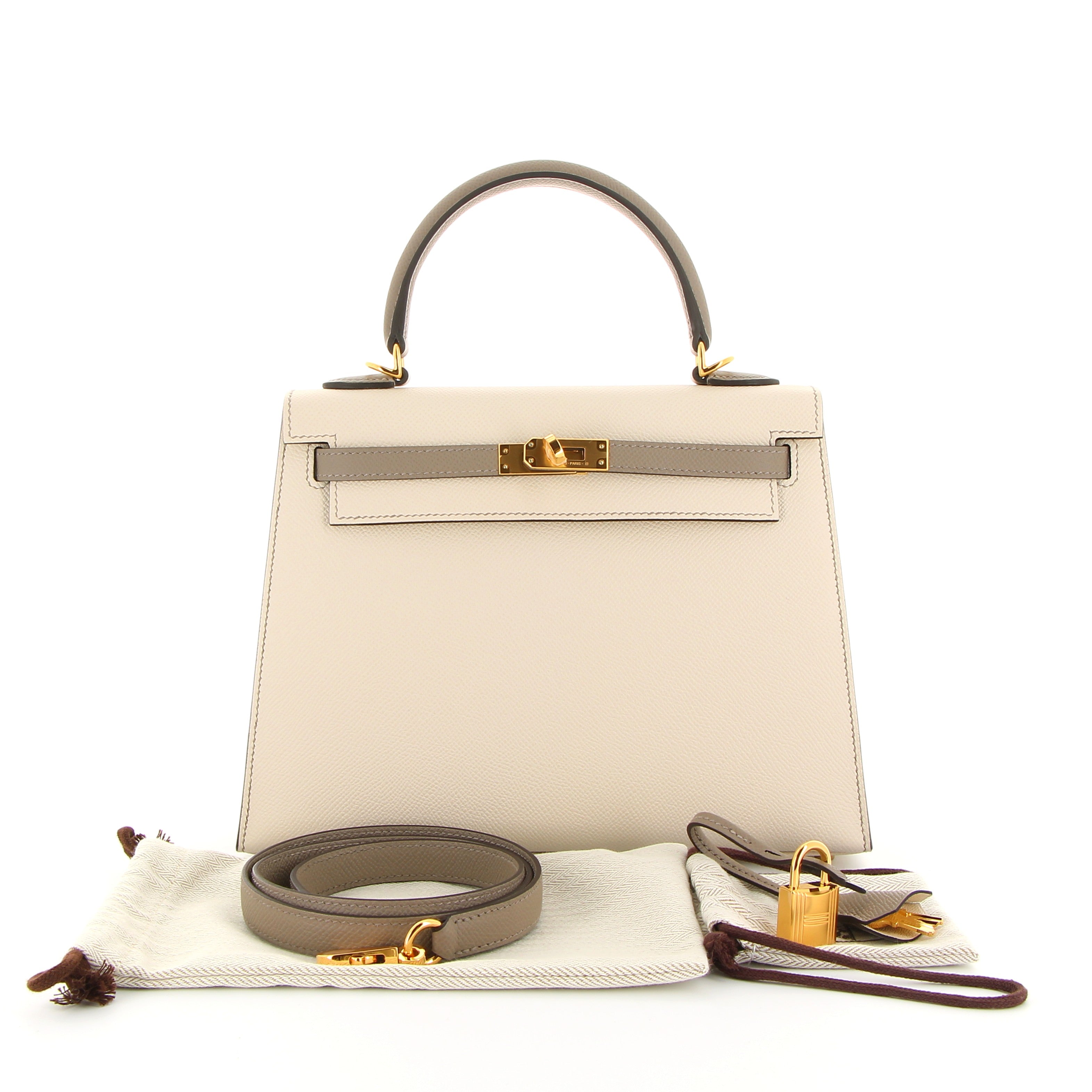 Hermès Kelly 25cm Craie Gris Asphalte Epsom with Gold Hardware