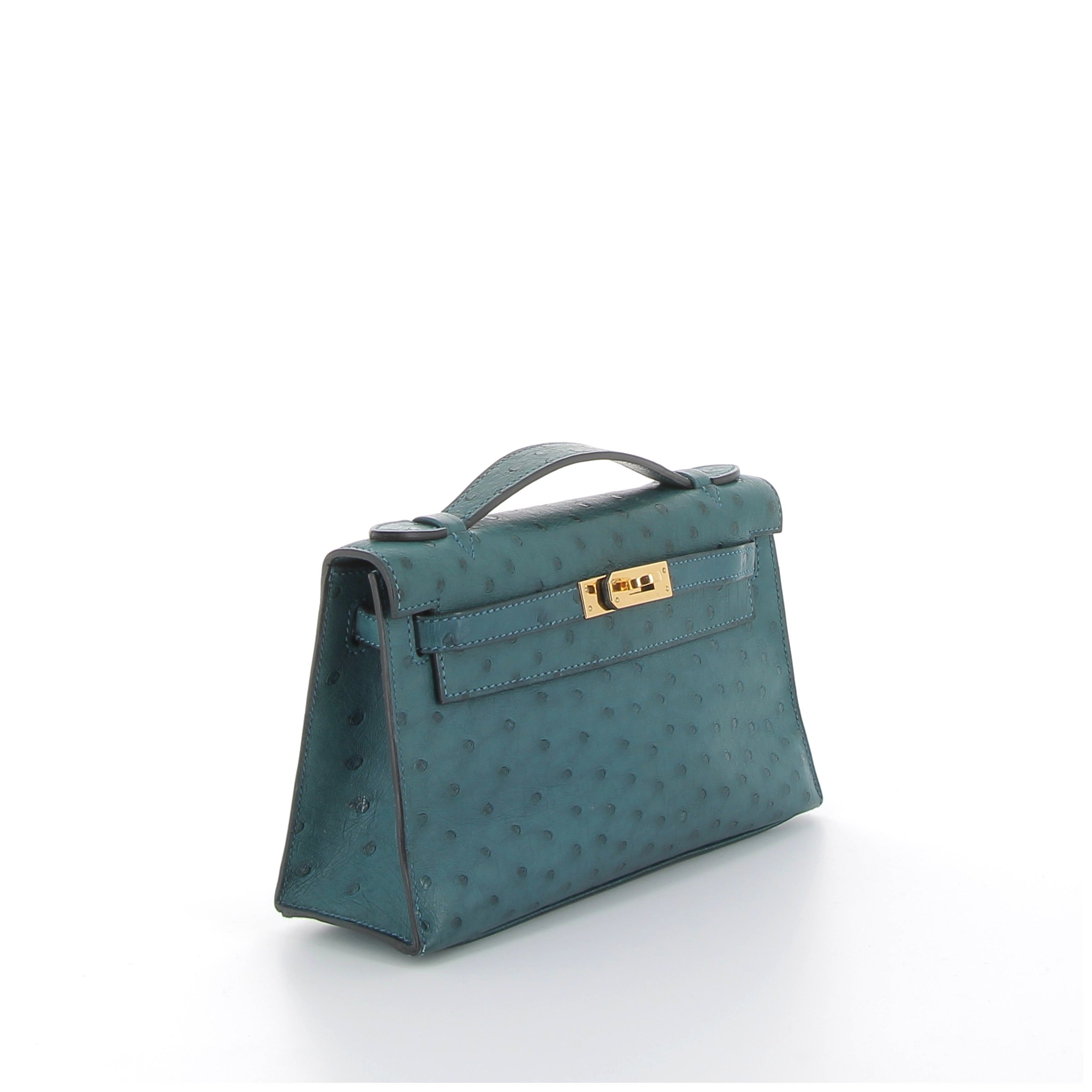 Hermès Kelly Pochette in Bleu Canard Ostrich with Gold Hardware