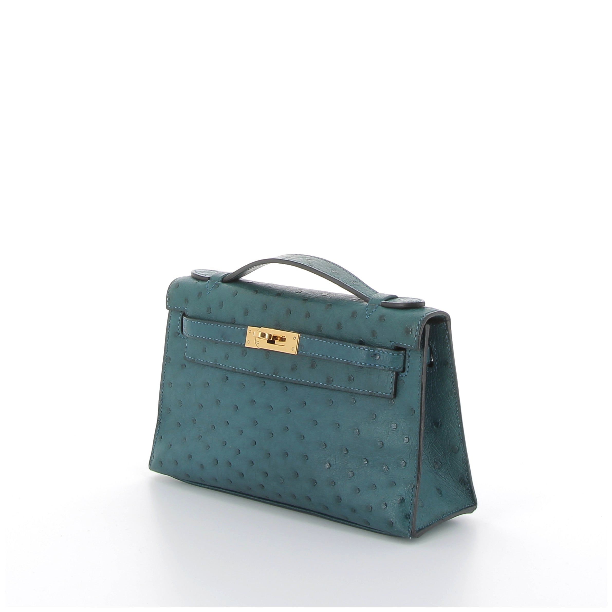Hermès Kelly Pochette in Bleu Canard Ostrich with Gold Hardware