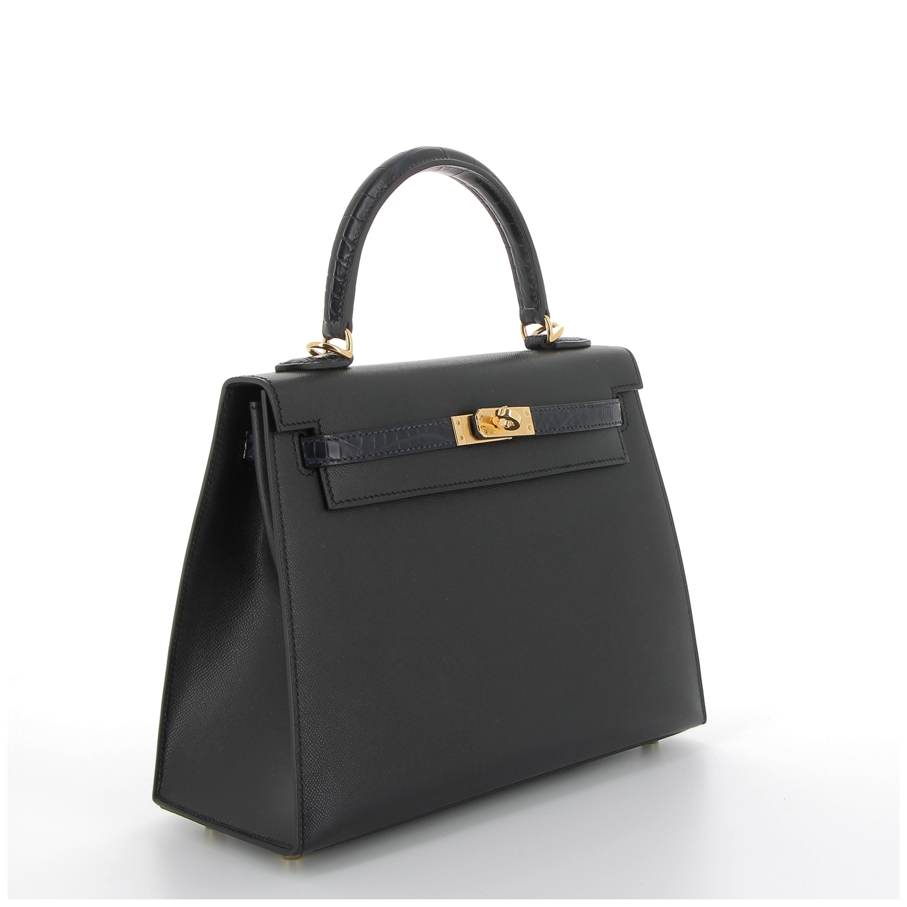 Hermès Kelly 25cm Touch in Black Veau Madame & Dark Blue Crocodile Niloticus with Gold Hardware