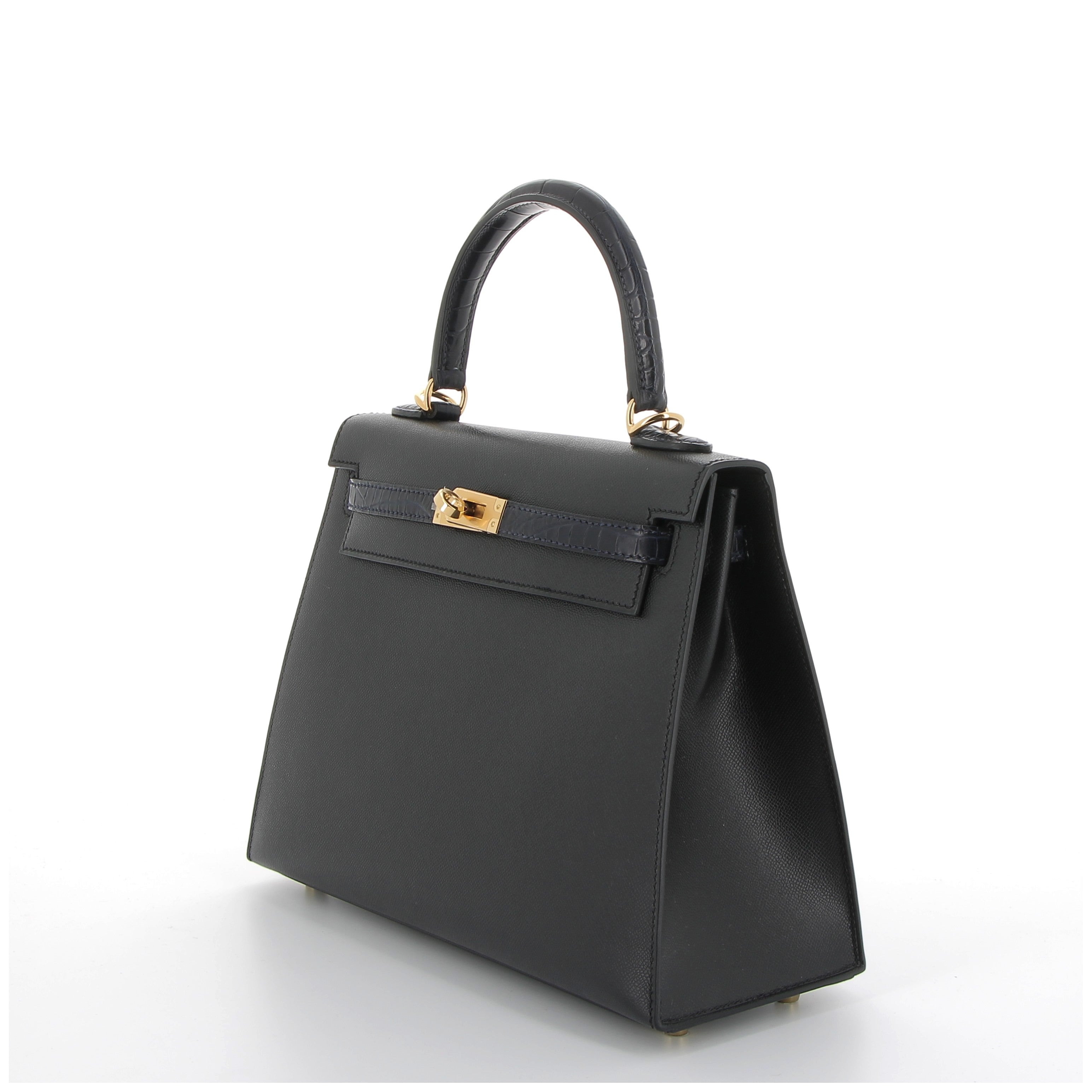 Hermès Kelly 25cm Touch in Black Veau Madame & Dark Blue Crocodile Niloticus with Gold Hardware