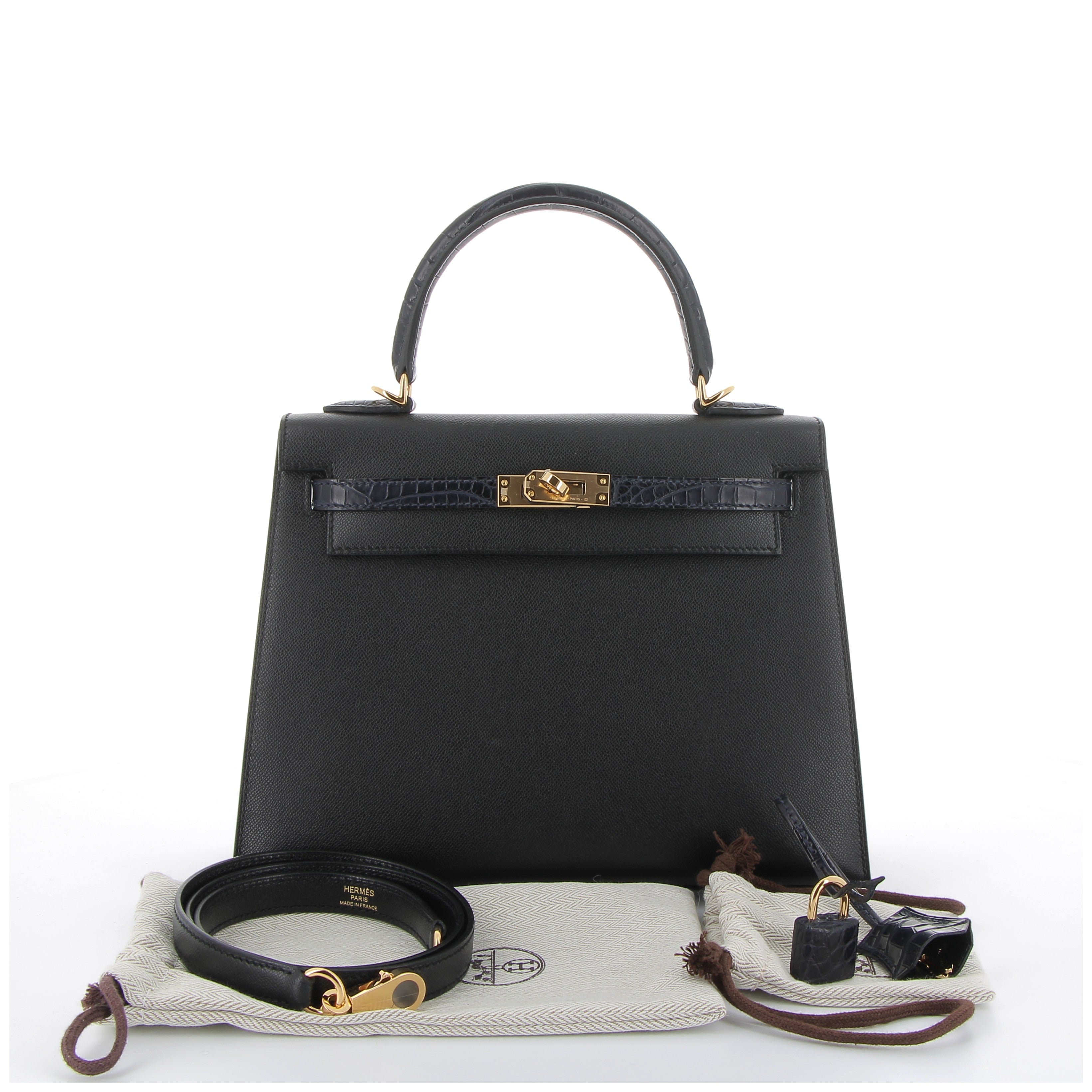 Hermès Kelly 25cm Touch in Black Veau Madame & Dark Blue Crocodile Niloticus with Gold Hardware