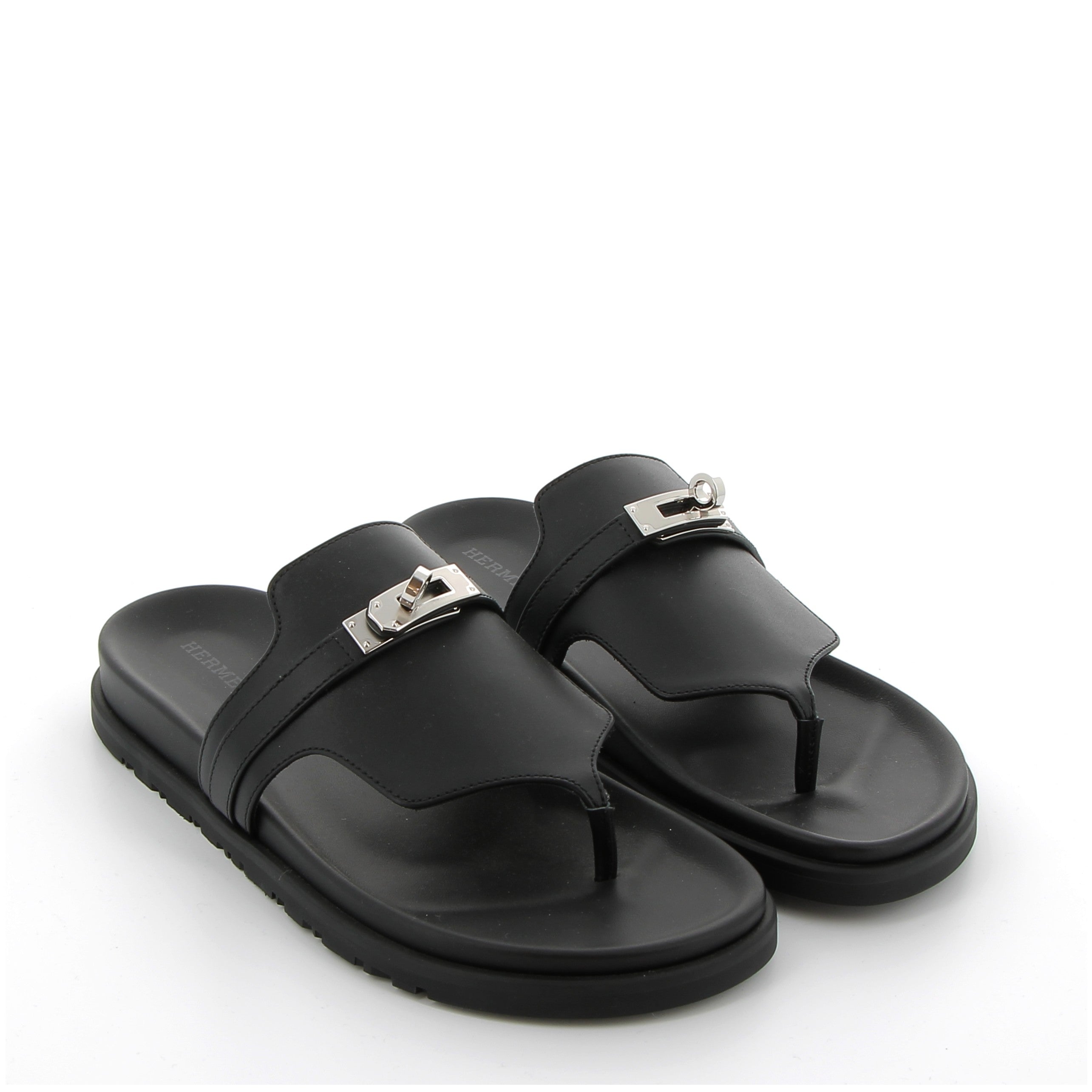 Hermès Empire Sandals in Black Swift with Palladium Hardware