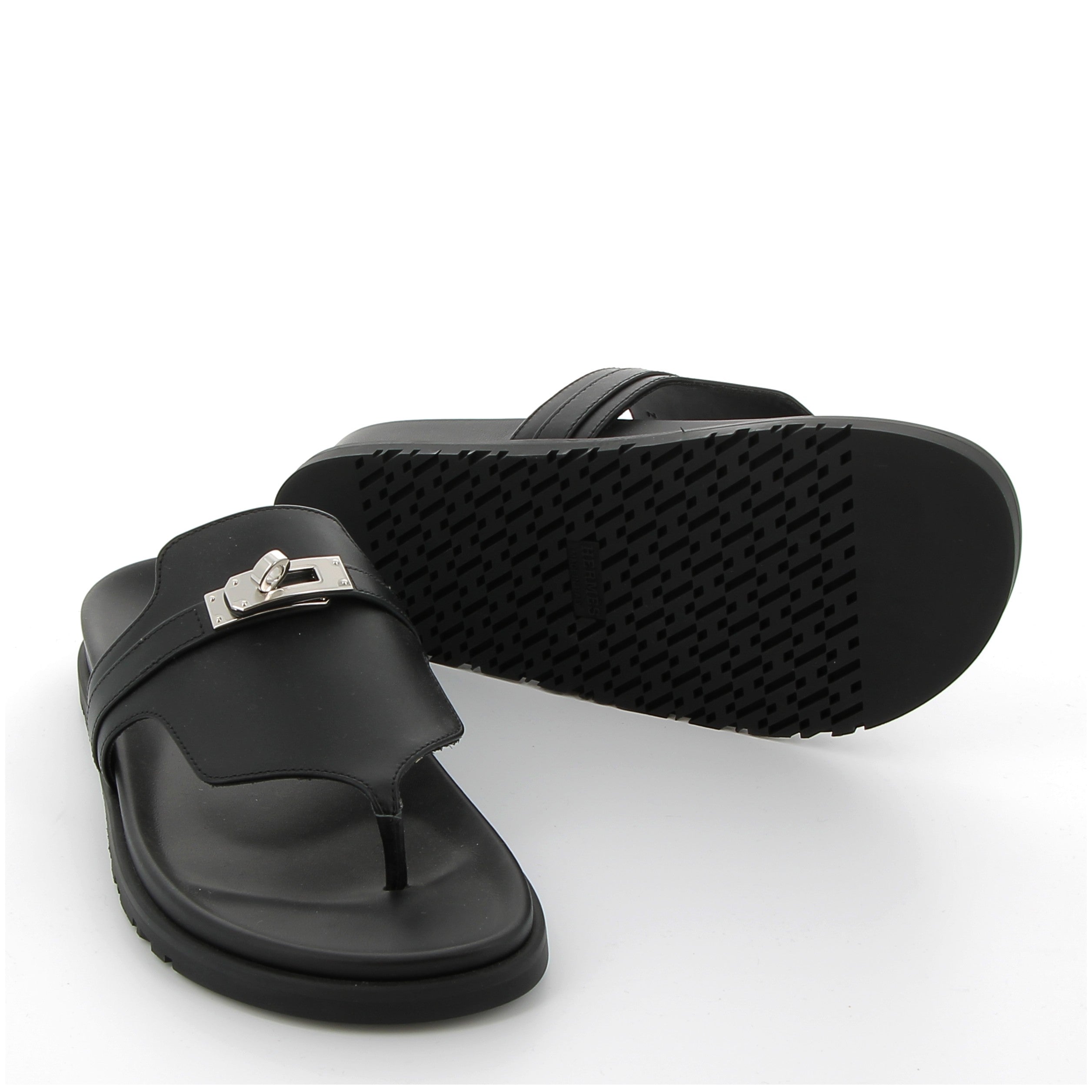 HERMES Empire Sandals Black Swift Palladium Hardware