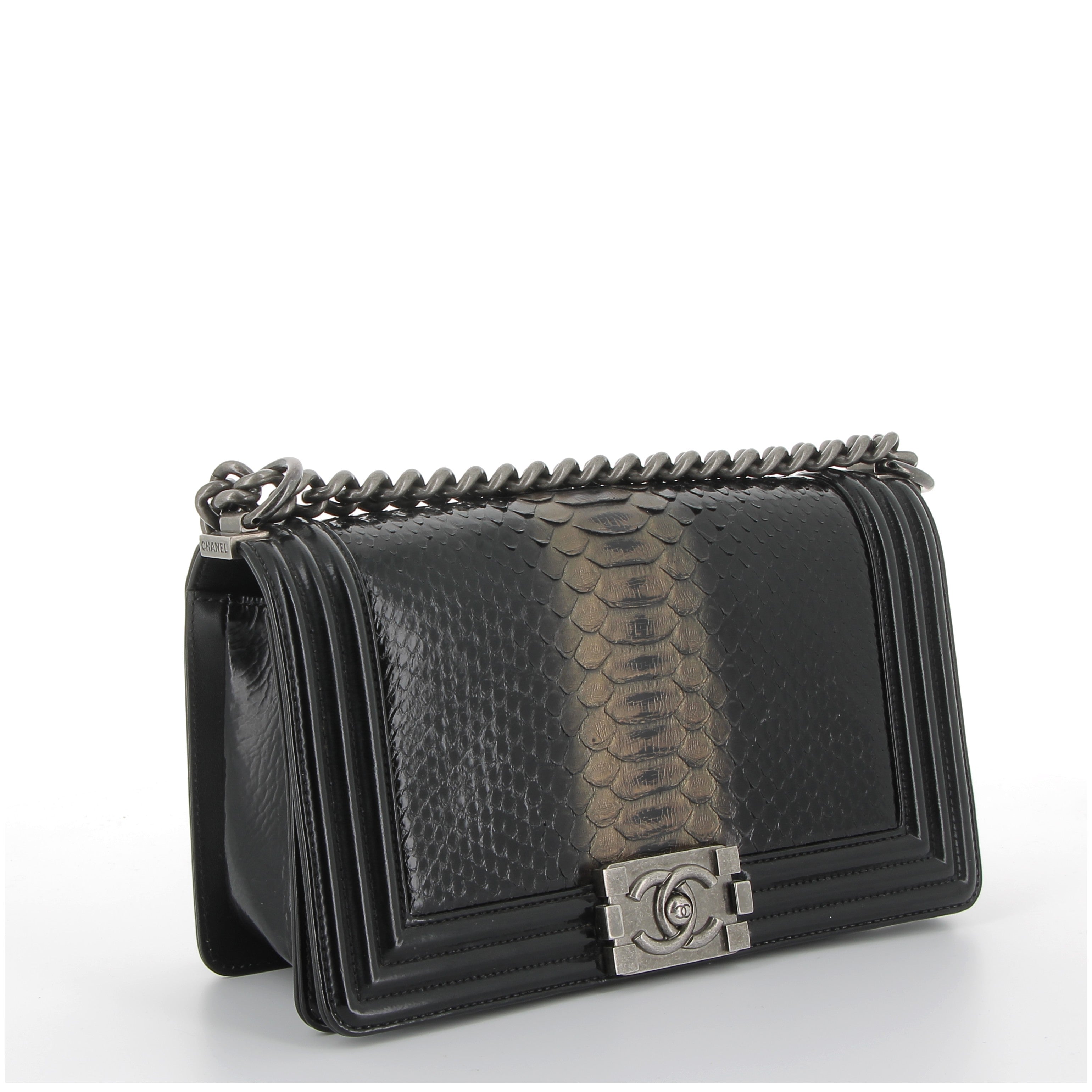Chanel Medium Boy Bag in Black Python Leather with Ruthenium Hardware