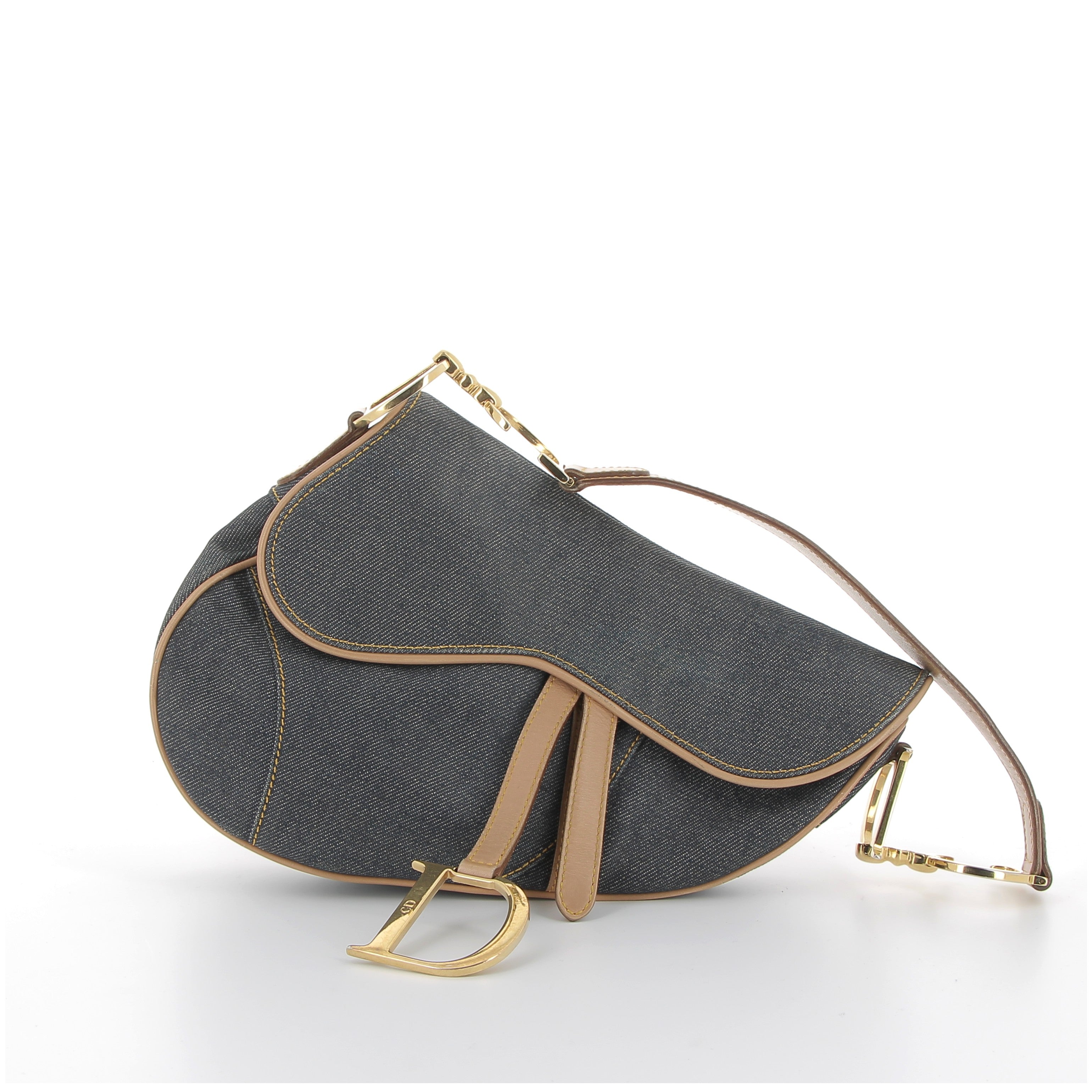 Christian Dior Denim & Beige Leather Saddle Bag with Gold Hardware