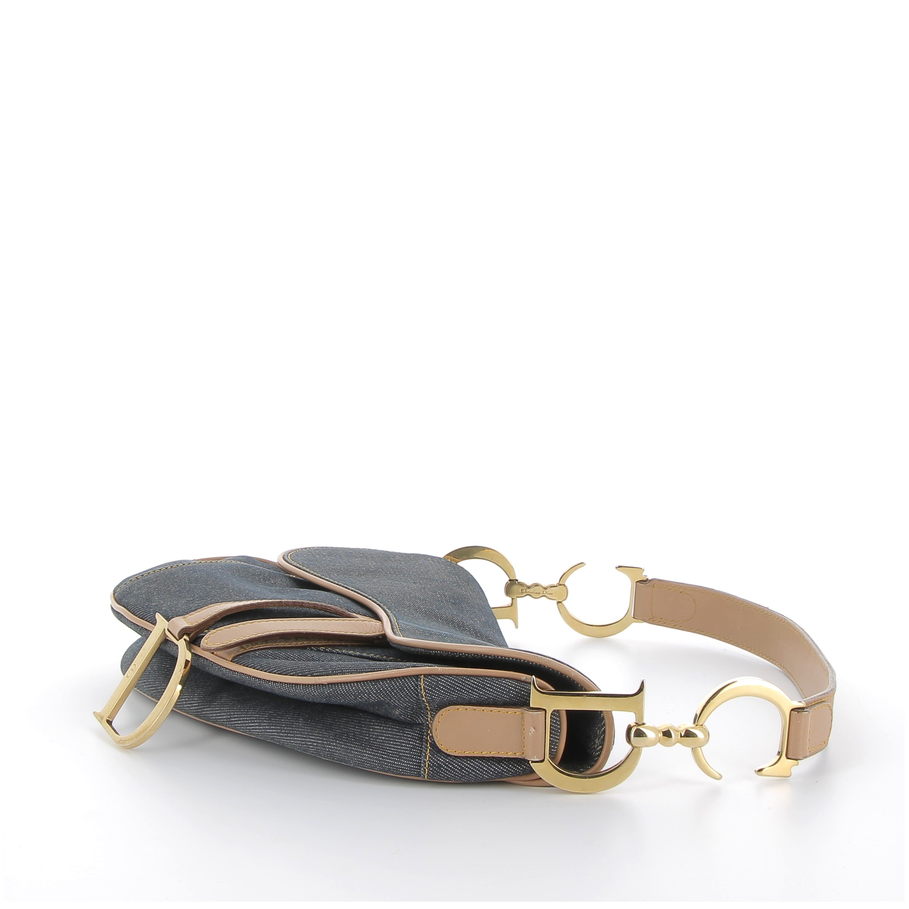 Christian Dior Denim & Beige Leather Saddle Bag with Gold Hardware