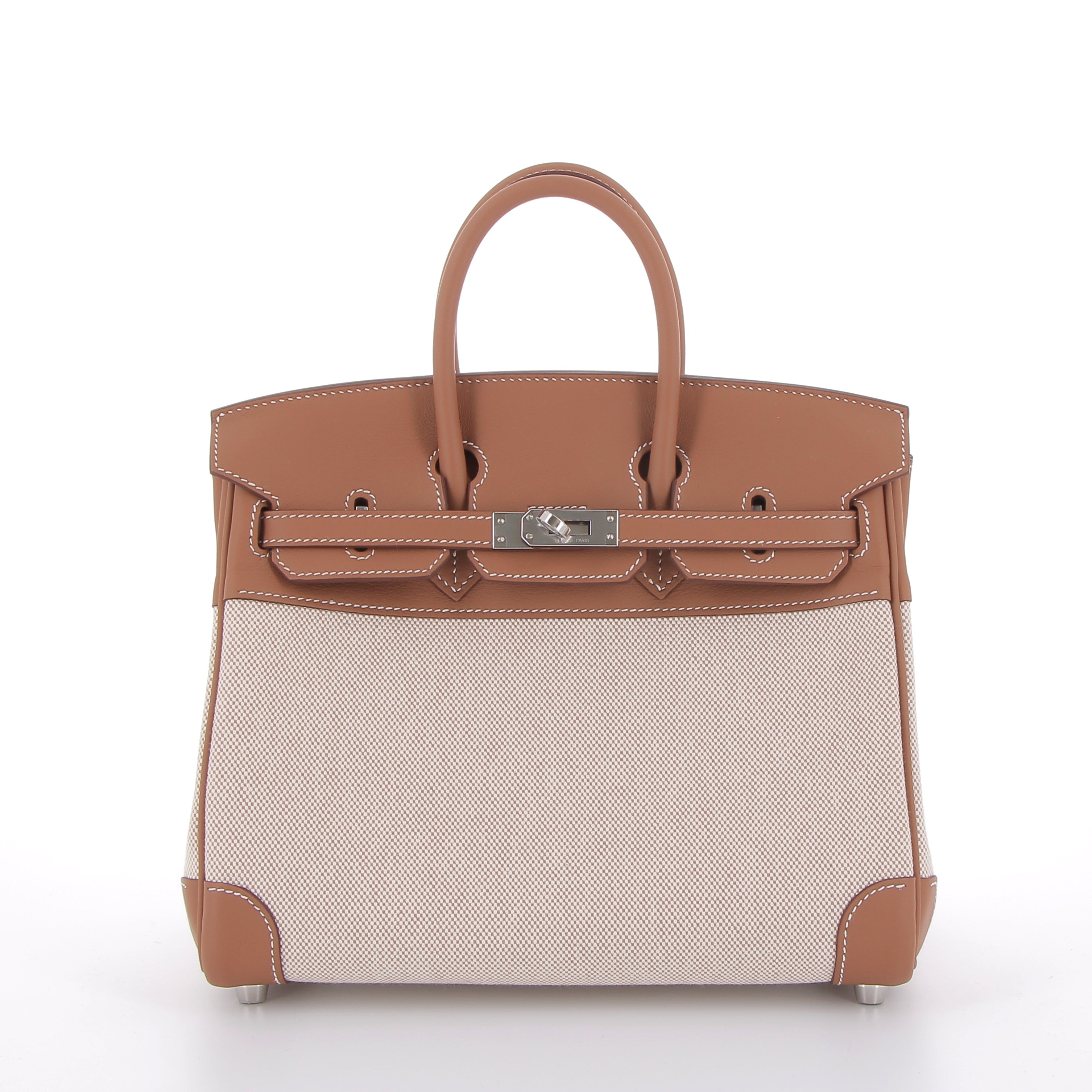 Hermés Birkin 25cm in Gold Toile Quadrillee & Gold Swift Leather with Palladium Hardware