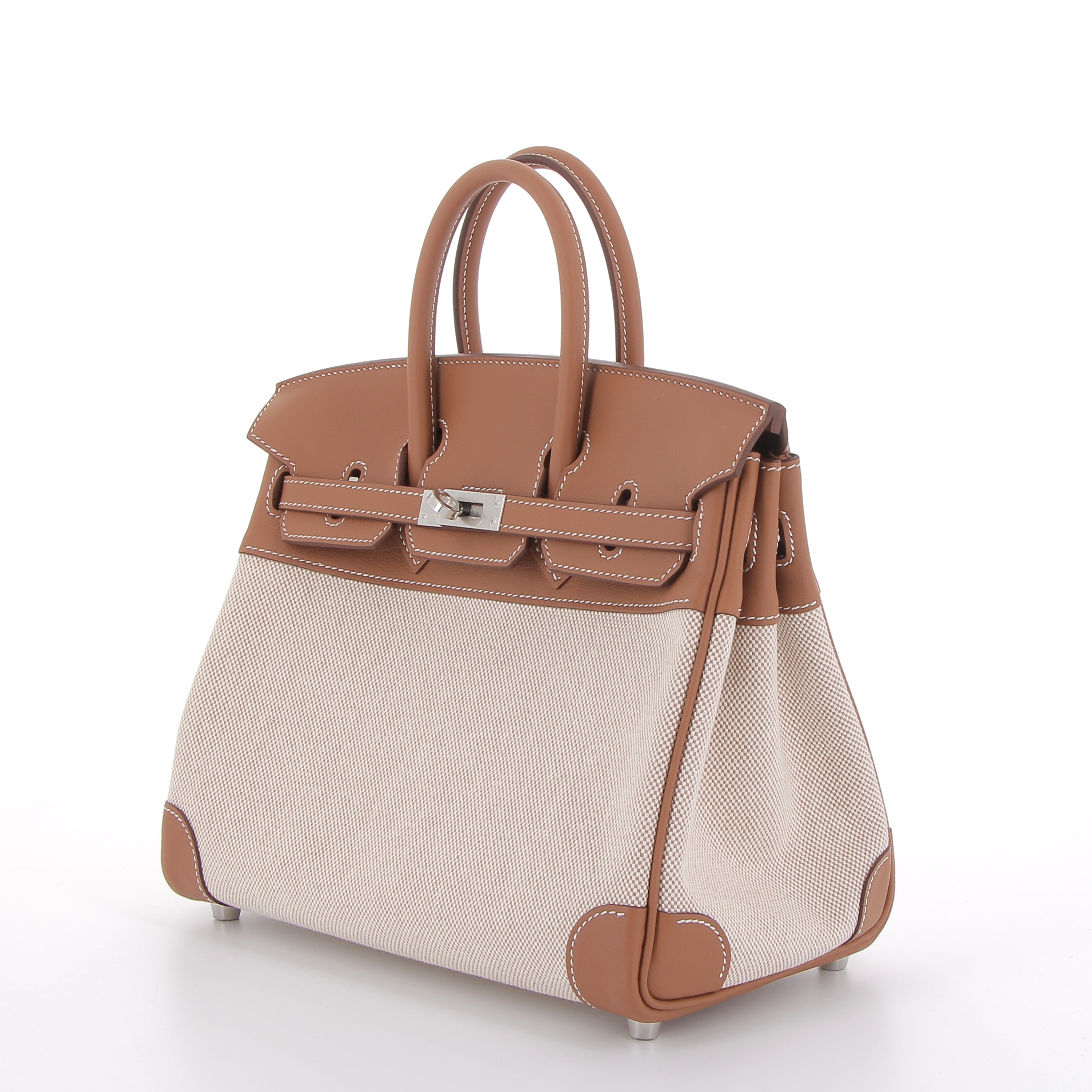 Hermés Birkin 25cm in Gold Toile Quadrillee & Gold Swift Leather with Palladium Hardware