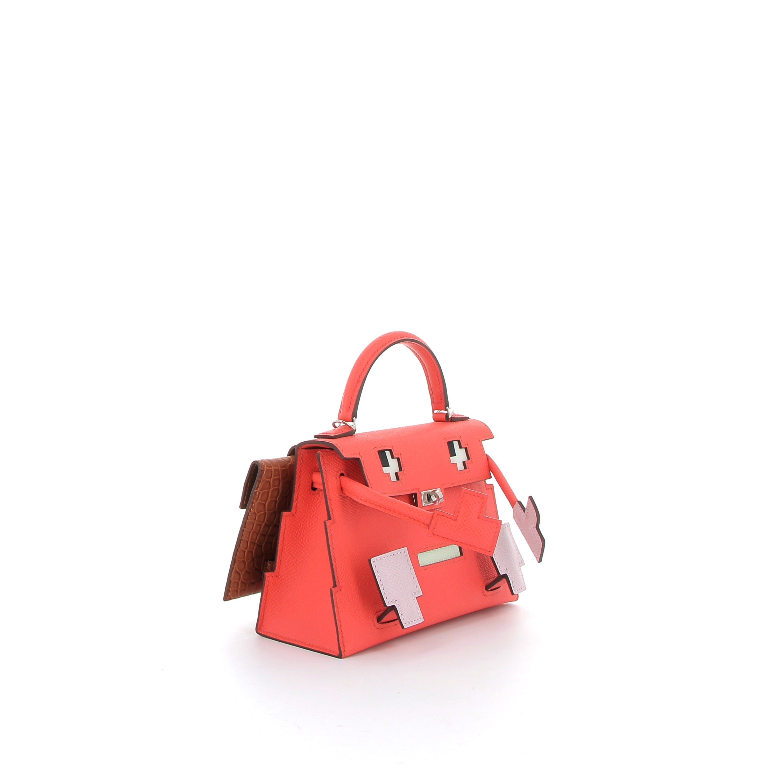 Hermès Kelly Doll Picto Rose Texas Epsom, Mauve Pale Swift, Vert fizz & Croco Marron with Palladium Hardware