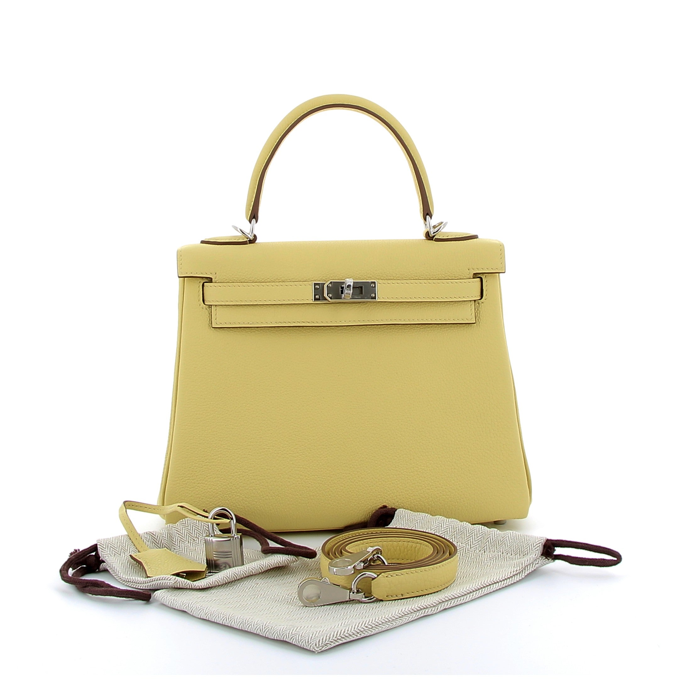 HERMÈS Kelly 25 Jaune Poussin Togo Palladium hardware
