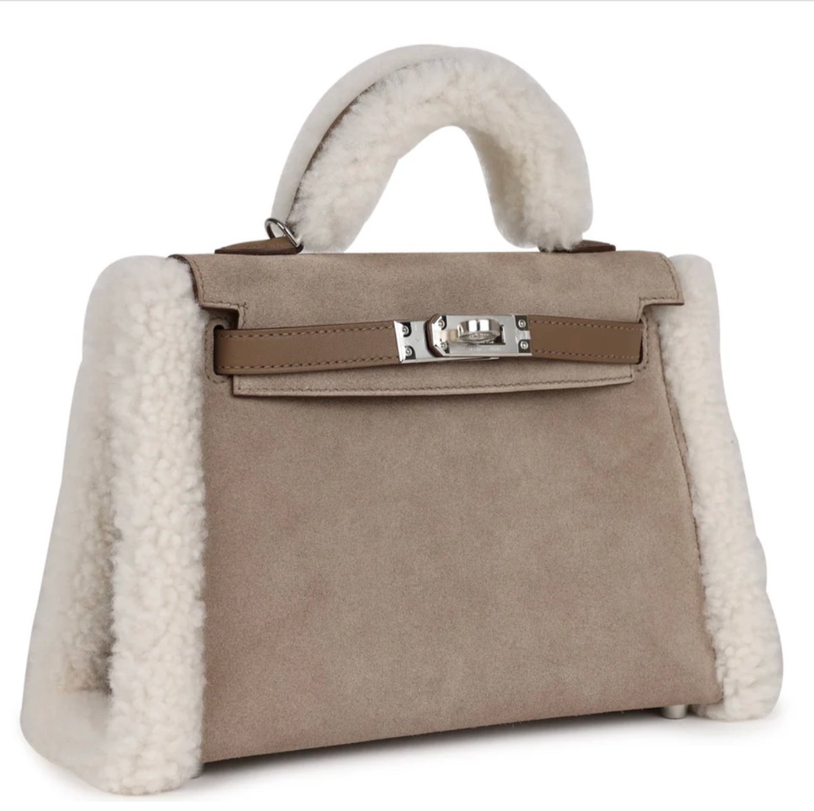 HERMES Teddy Kelly 20 Gris Caillou / Etoupe - Shearling / Swift Palladium Hardware