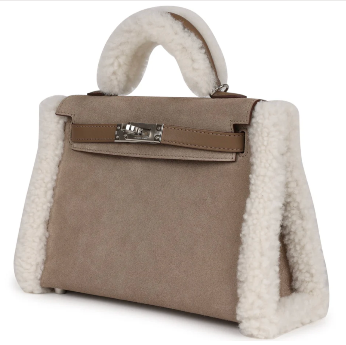 HERMES Teddy Kelly 20 Gris Caillou / Etoupe - Shearling / Swift Palladium Hardware