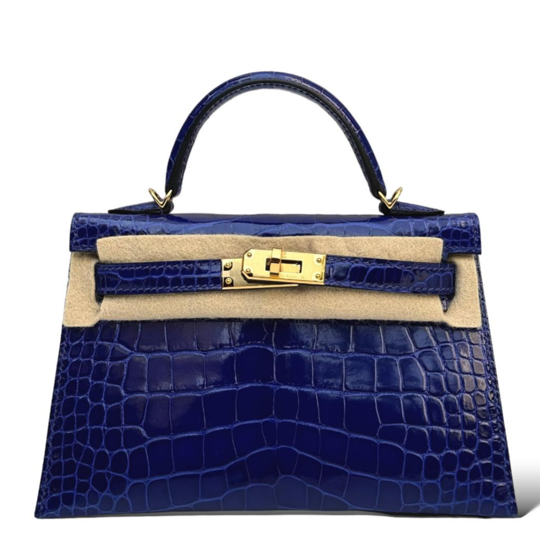 HERMES Kelly 20 Bleu Electrique Shiny Crocodile Gold Hardware