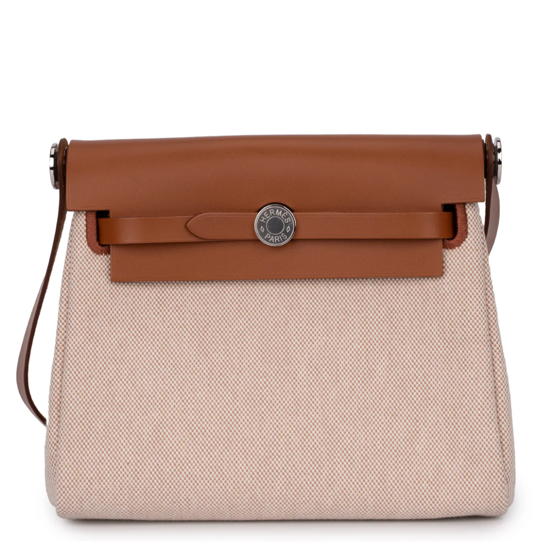 HERMES Mini Herbag 20 Ecru/Gold Toile Militaire/Hunter Palladium Hardware