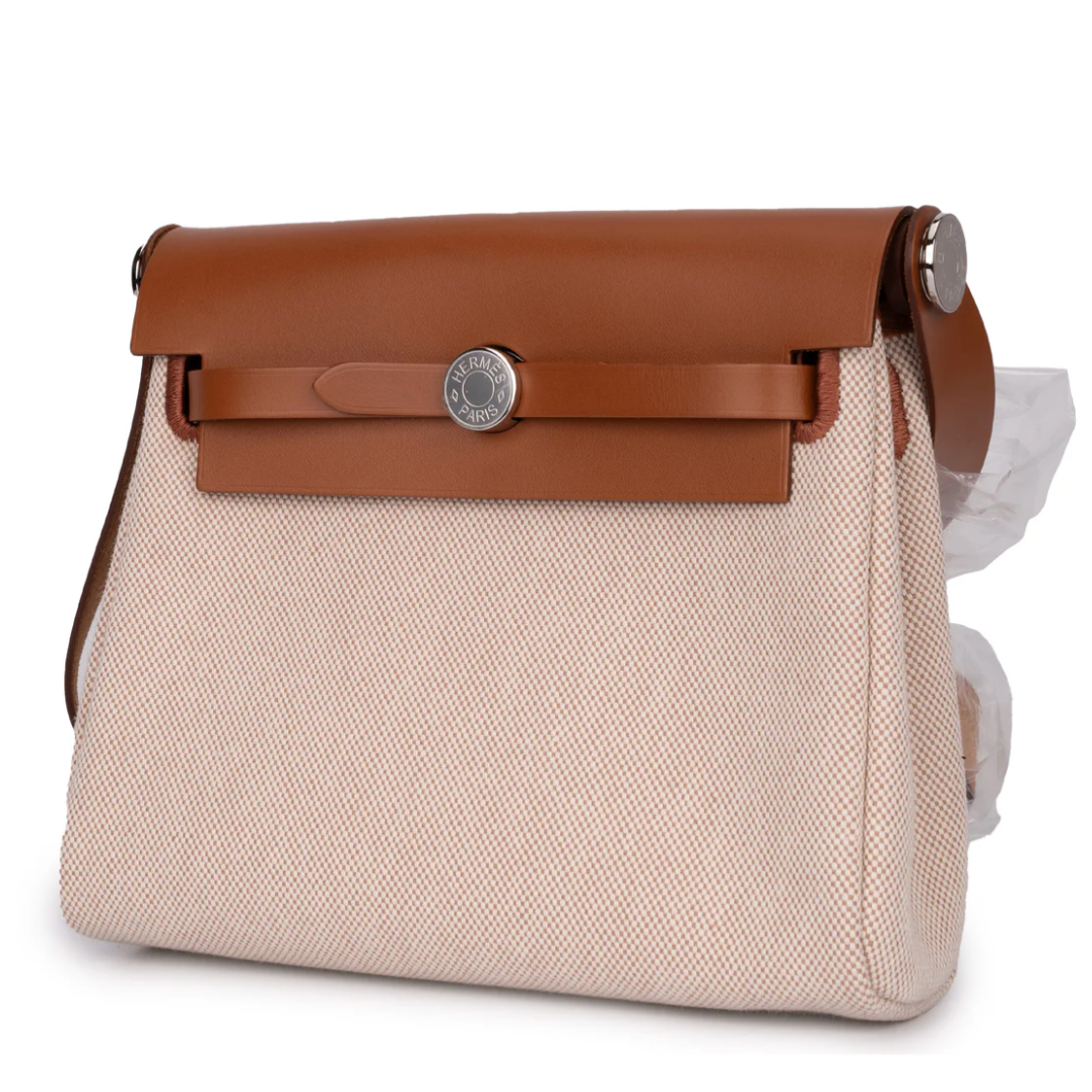 HERMES Mini Herbag 20 Ecru/Gold Toile Militaire/Hunter Palladium Hardware