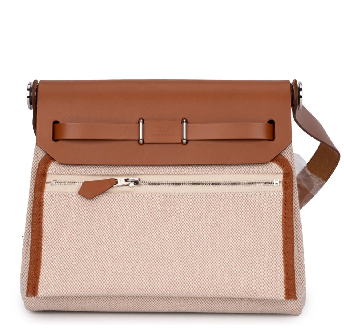 HERMES Mini Herbag 20 Ecru/Gold Toile Militaire/Hunter Palladium Hardware