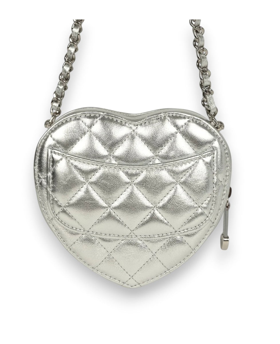 CHANEL Mini Silver Lambskin Heart Bag