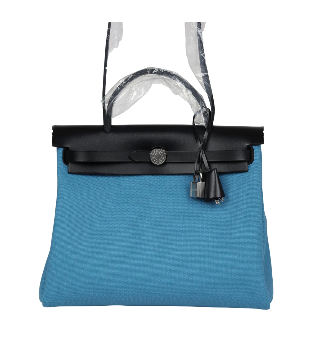 HERMES Herbag 31 Military Canvas Vachehunter Bleu & Noir Enamel Hardware