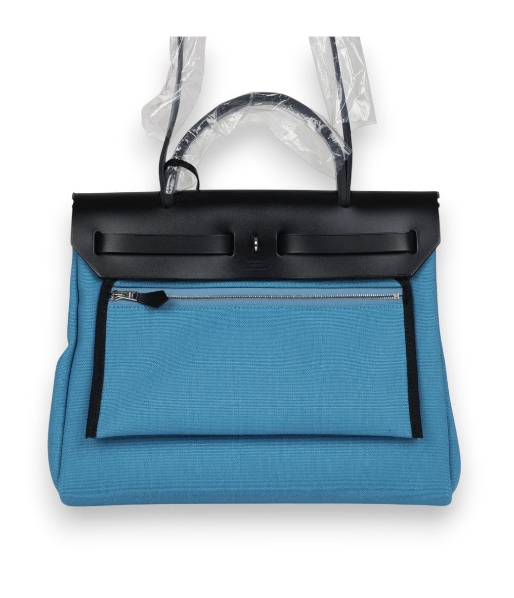 HERMES Herbag 31 Military Canvas Vachehunter Bleu & Noir Enamel Hardware