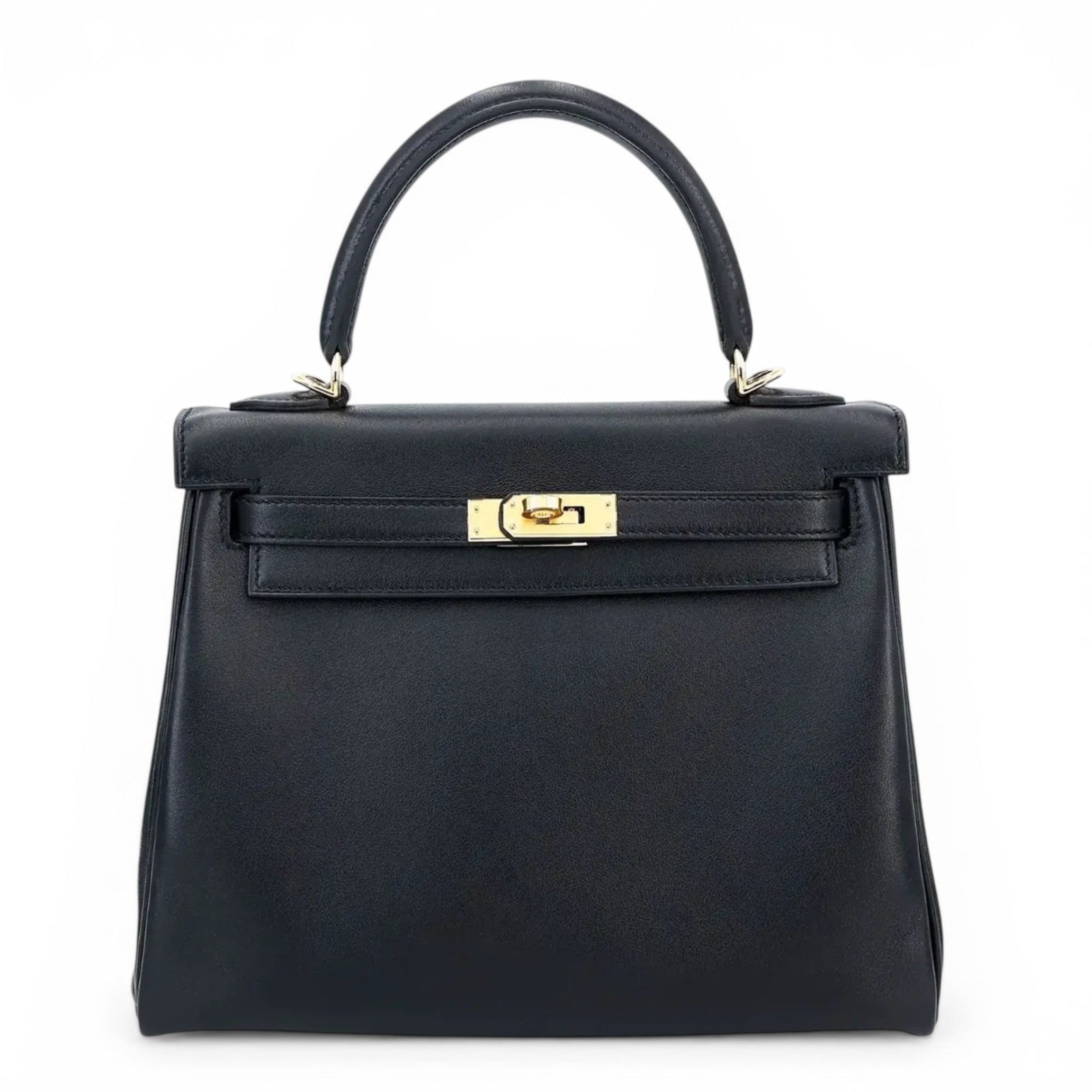HERMES Kelly 25 Noir Veau Cheri Gold Hardware