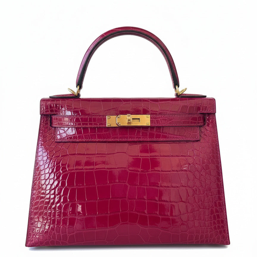 HERMES Kelly 28 Rose Pourpre Alligator Gold Hardware