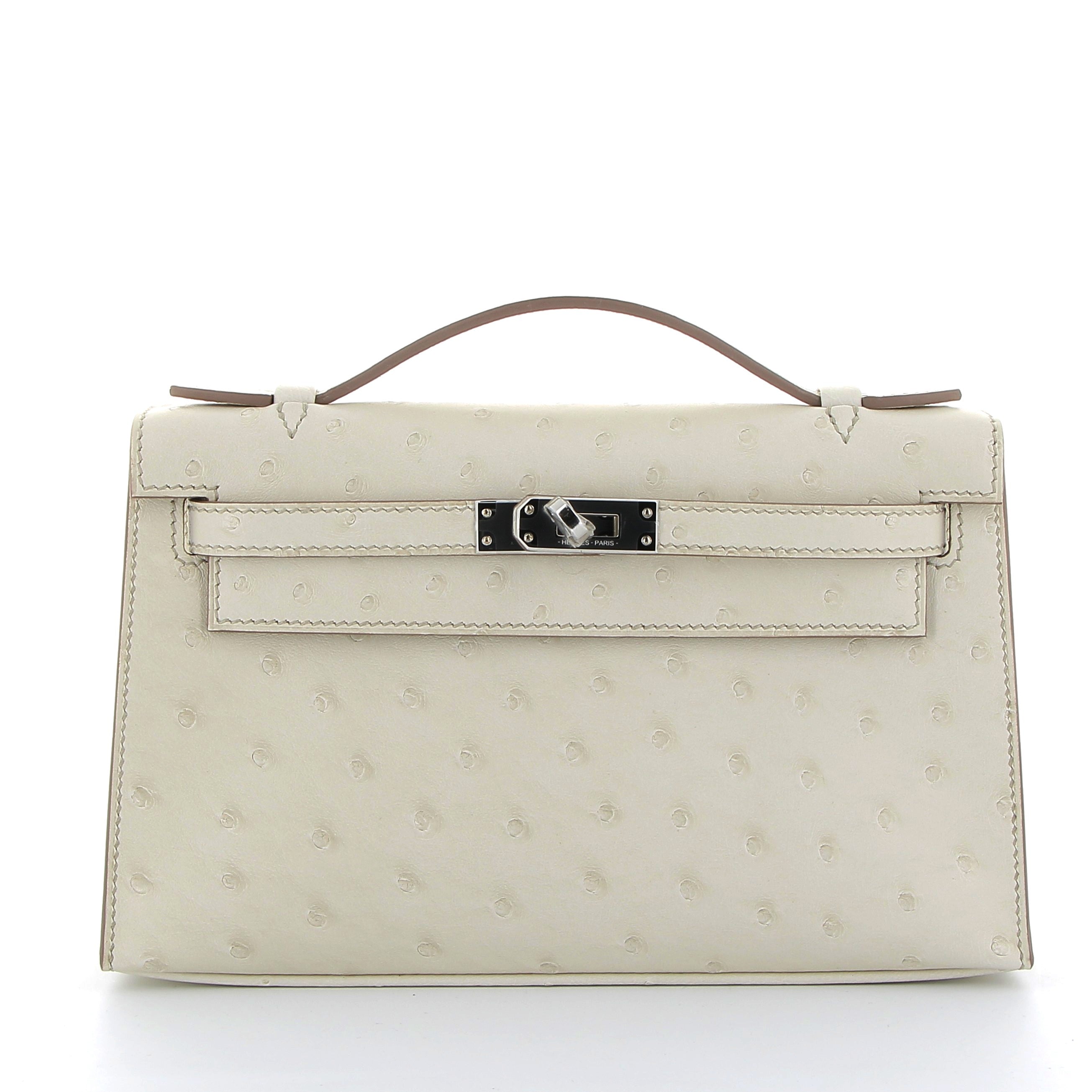 HERMES Kelly Pochette Beton Ostrich Palladium Hardware