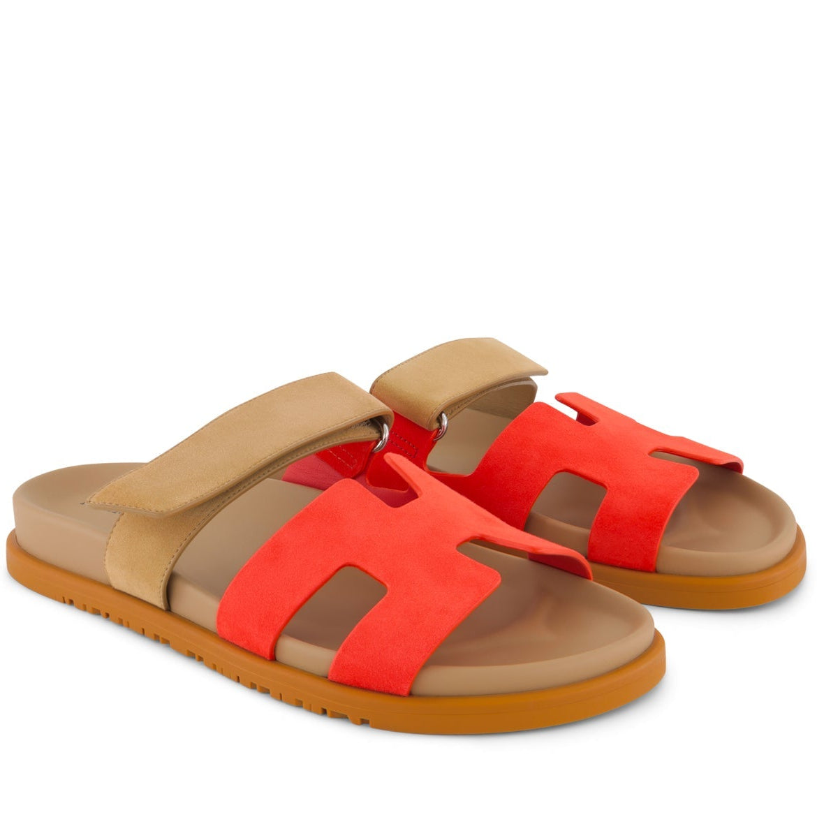HERMÈS Chypre Sandals Rouge Grenadine / Beige Albinos Chèvre Velours