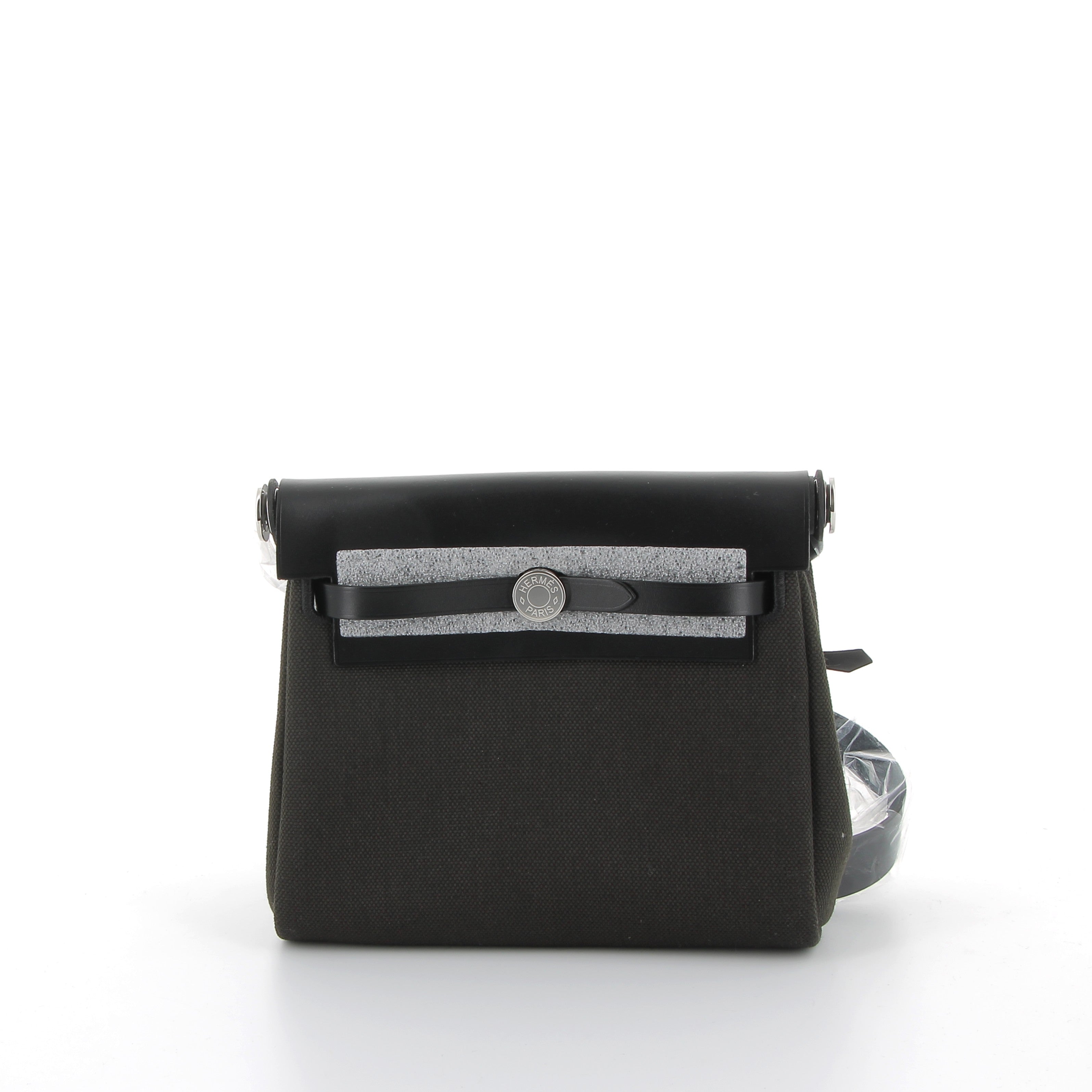 Hermès Mini Herbag 20cm in Black Toile & Vache Hunter with Palladium Hardware