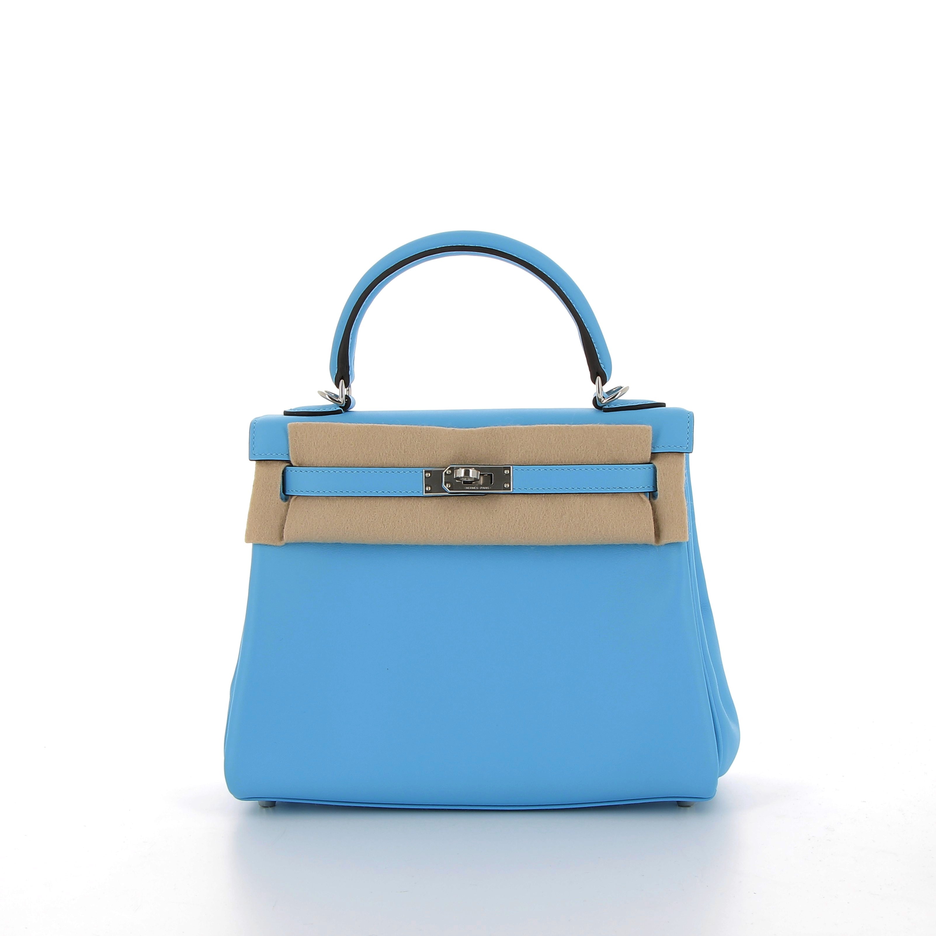 Hermès Kelly 25cm in Bleu Celeste Retourné Swift Leather with Palladium Hardware