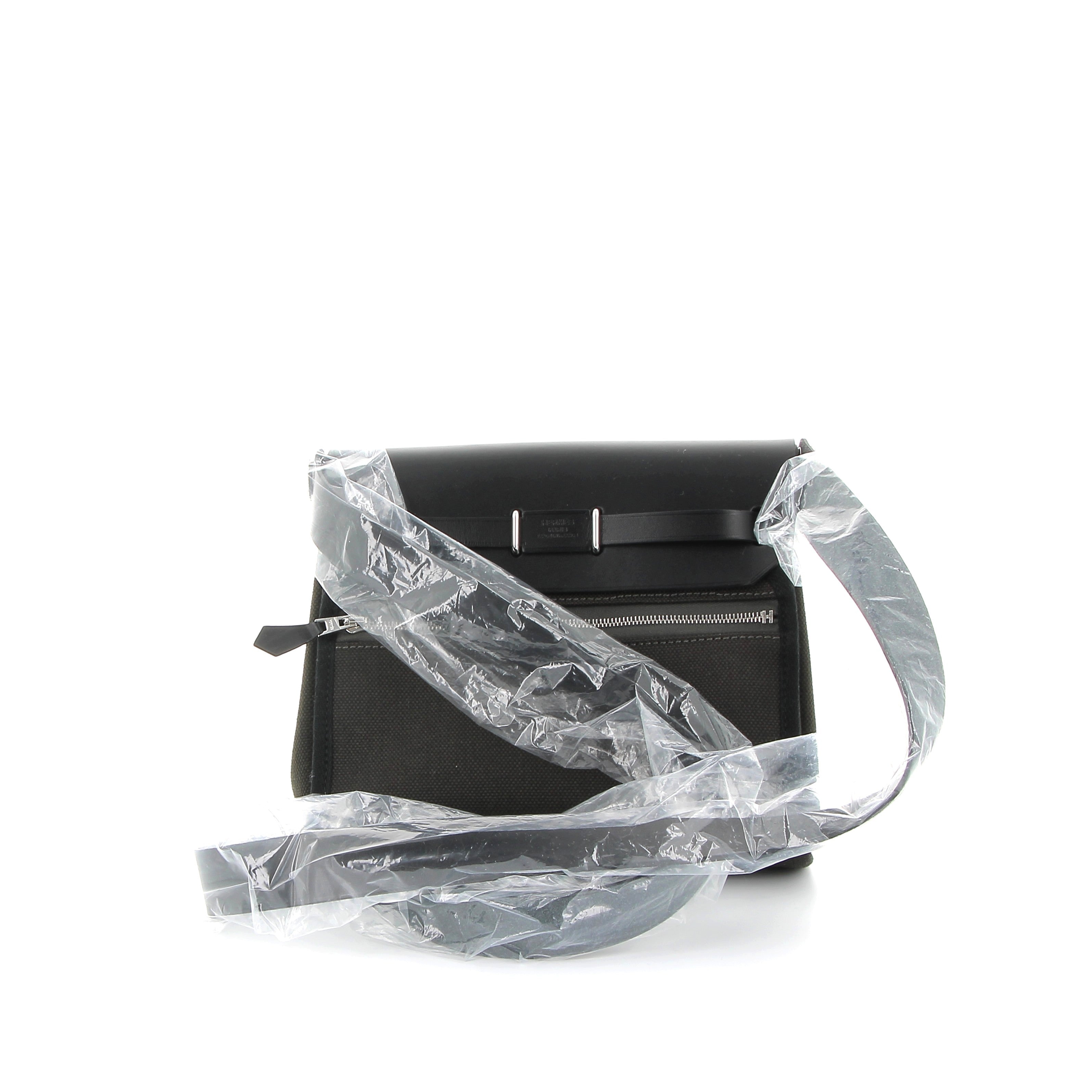 HERMÈS Mini Herbag 20 Noir Swift Leather/Canvas Palladium Hardware