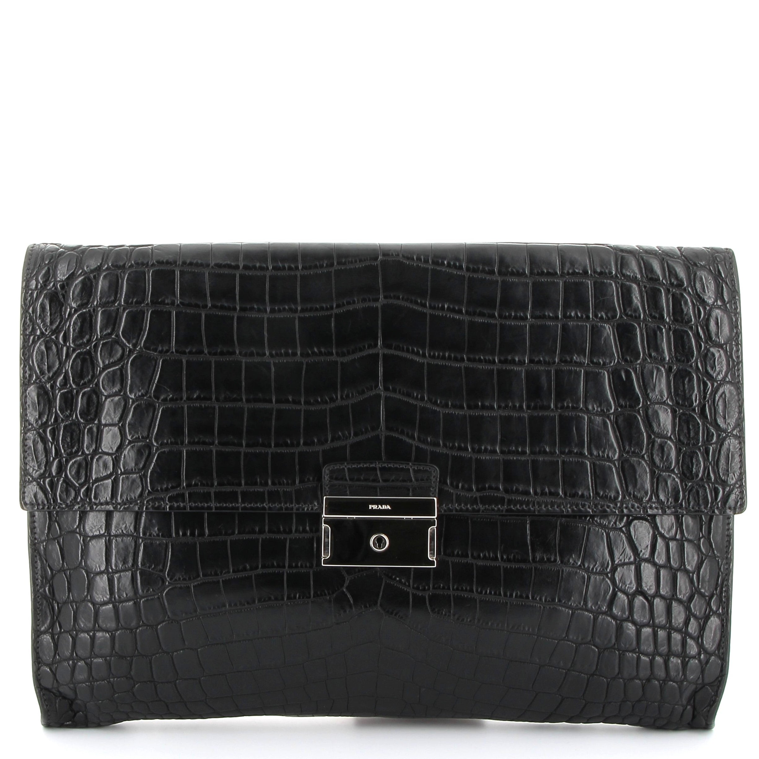 PRADA Black Crocodile Clutch Palladium Hardware