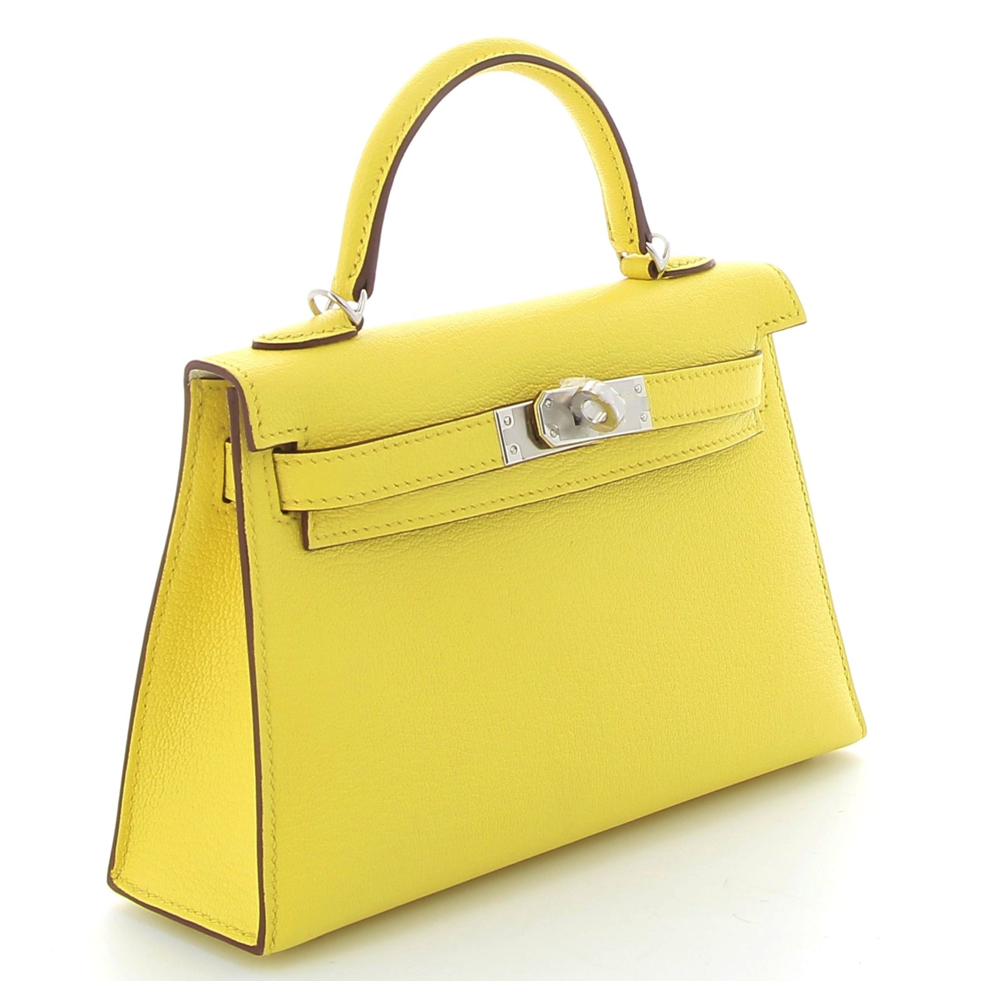 HERMES Kelly 20 Lemon Yellow/Mushroom Chèvre Leather Palladium Hardware