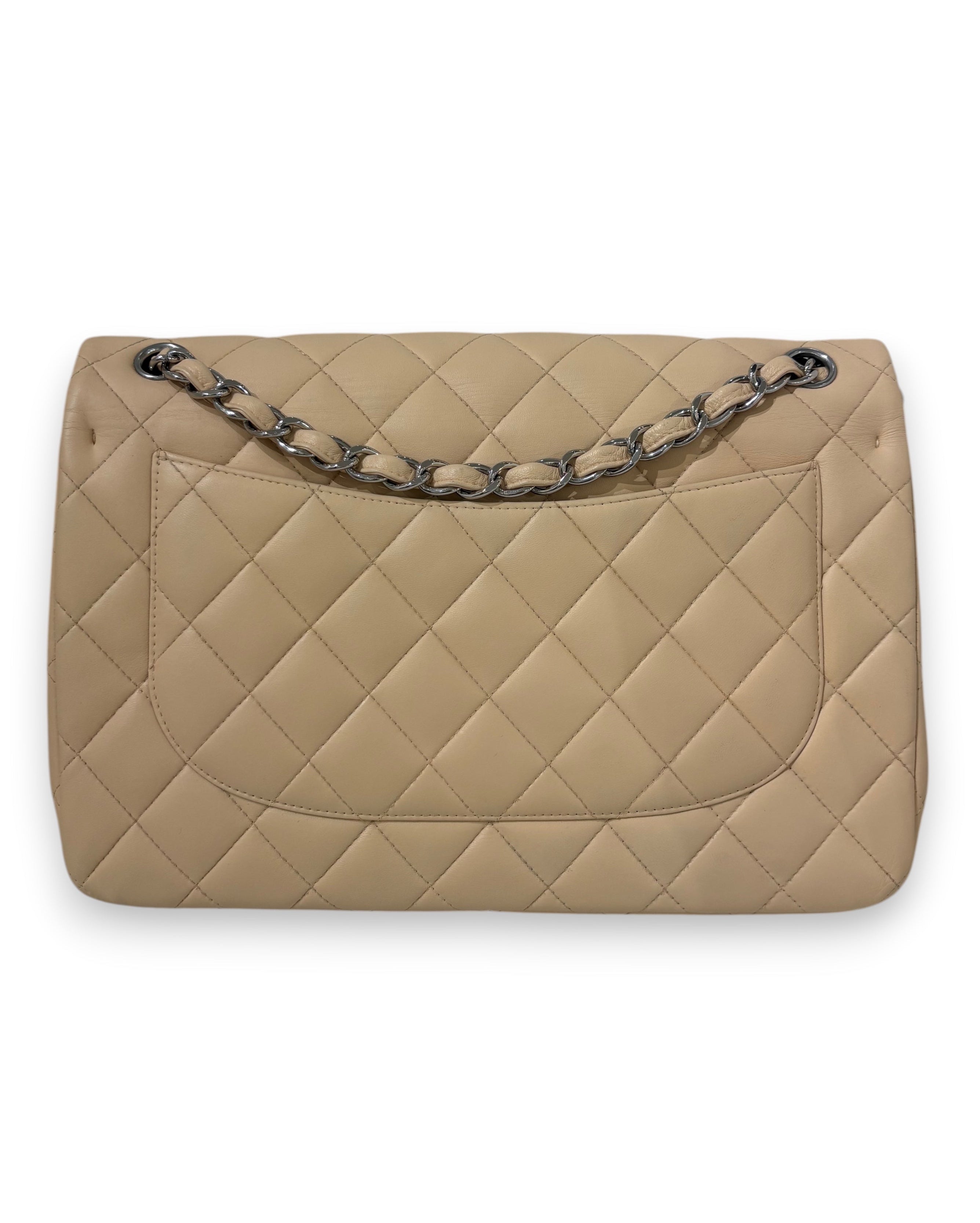 CHANEL Jumbo Double Flap in Beige Lambskin with Silver Hardware