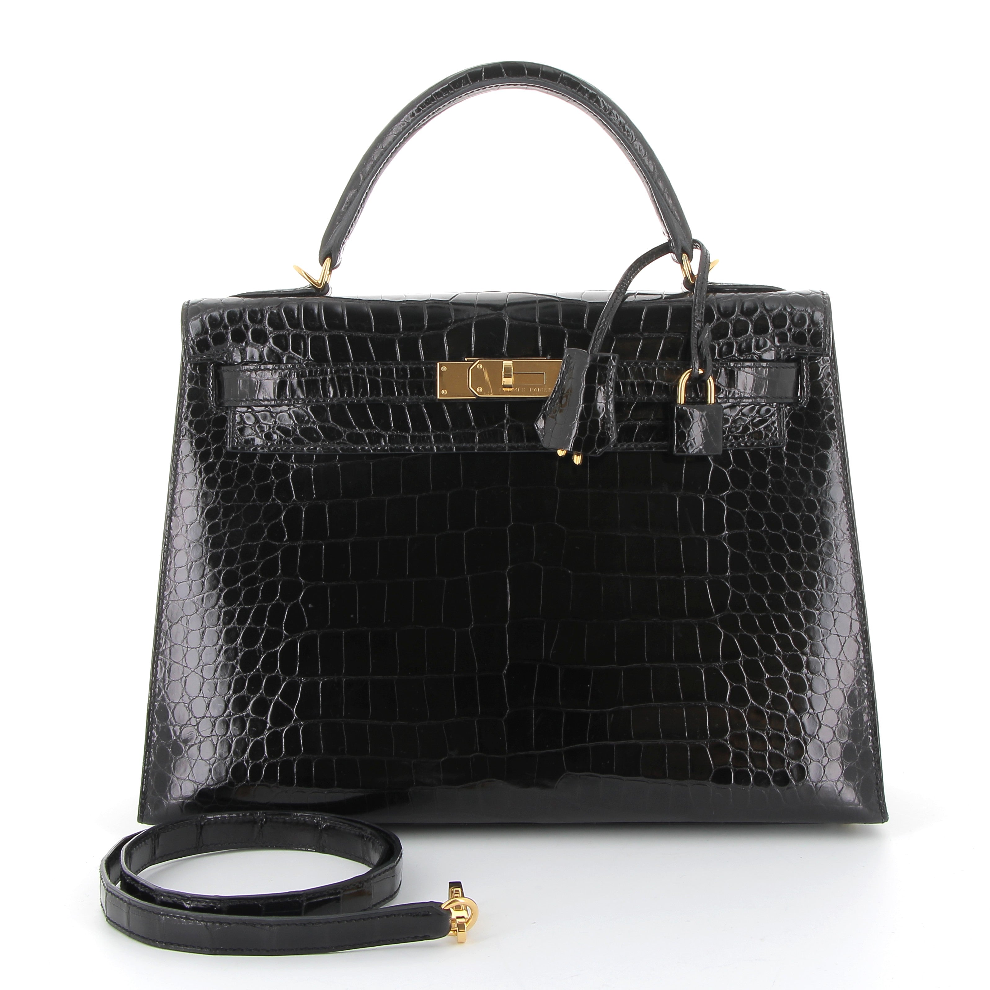 HERMES Kelly 32 Noir Sellier Crocodile Porosus Yellow Gold Hardware