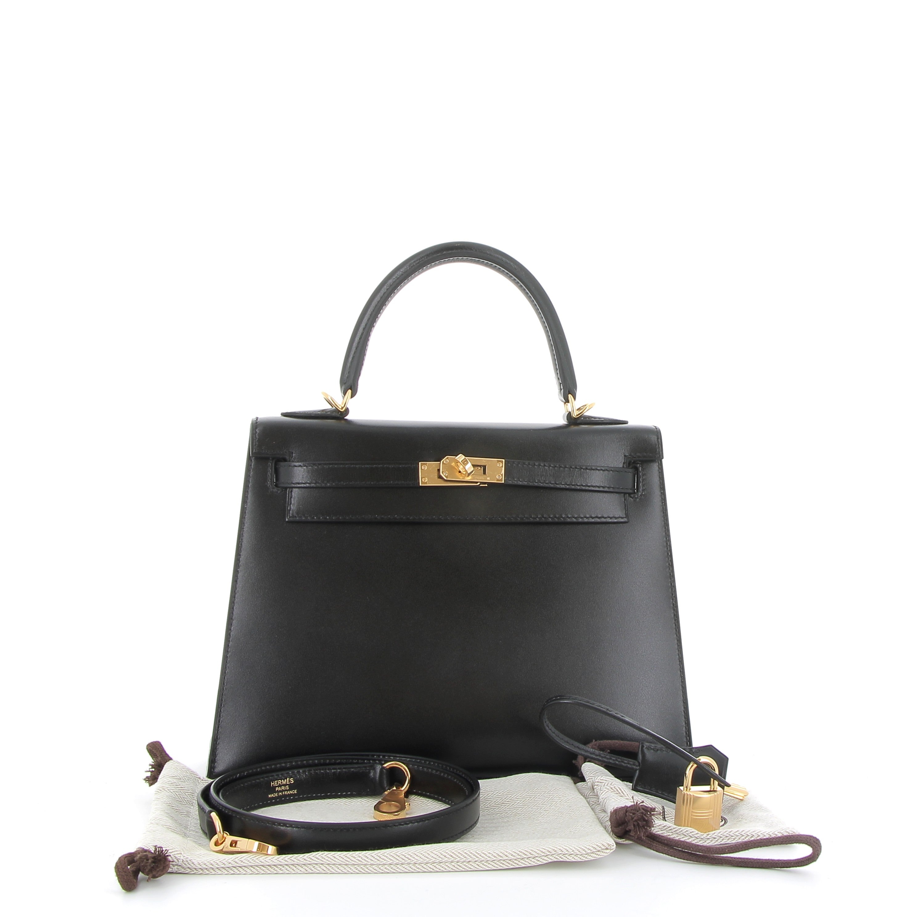 HERMÈS Kelly 25 Noir Box Gold Hardware (GHW)