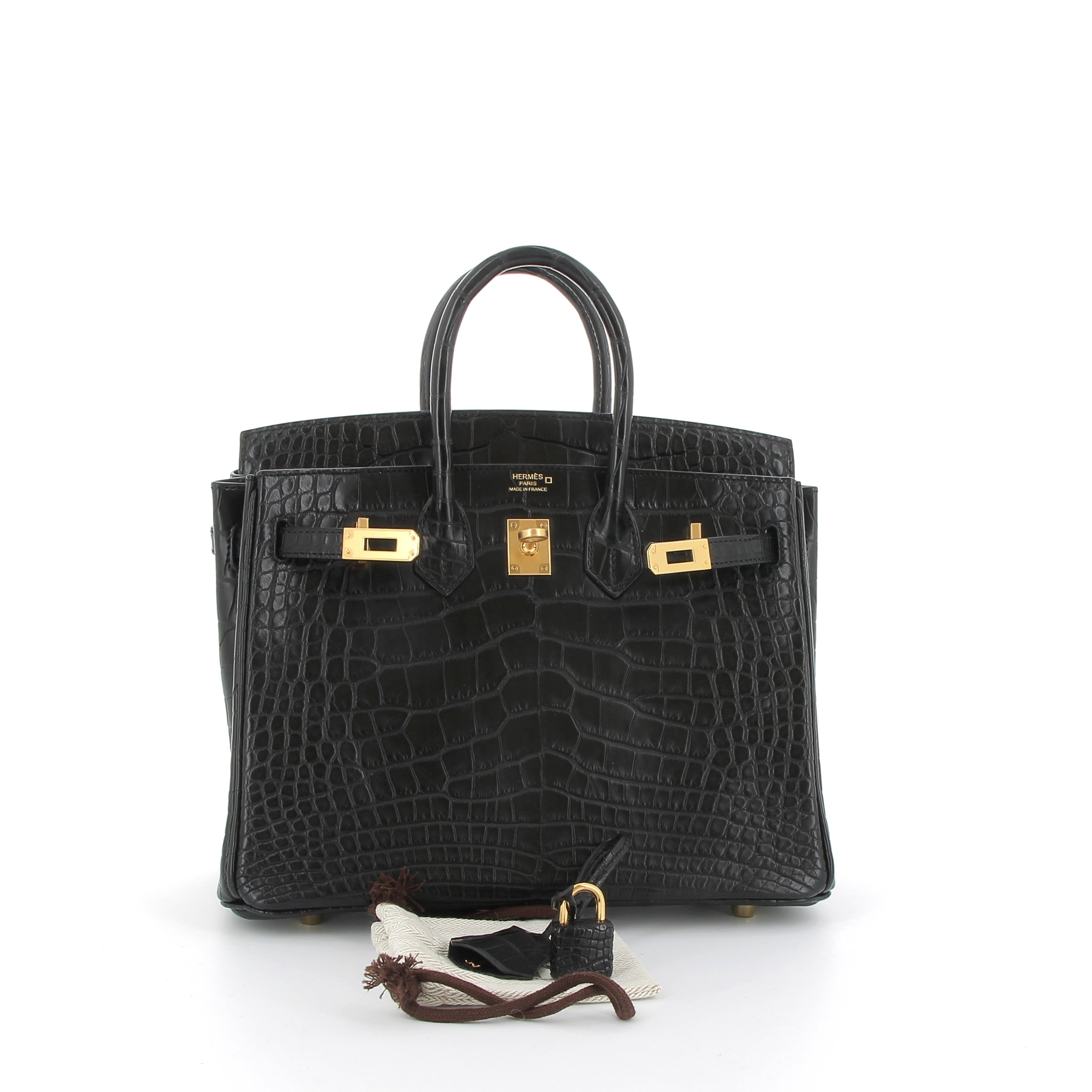HERMÈS Birkin 25 Crocodile Matte Noir Yellow Gold Hardware
