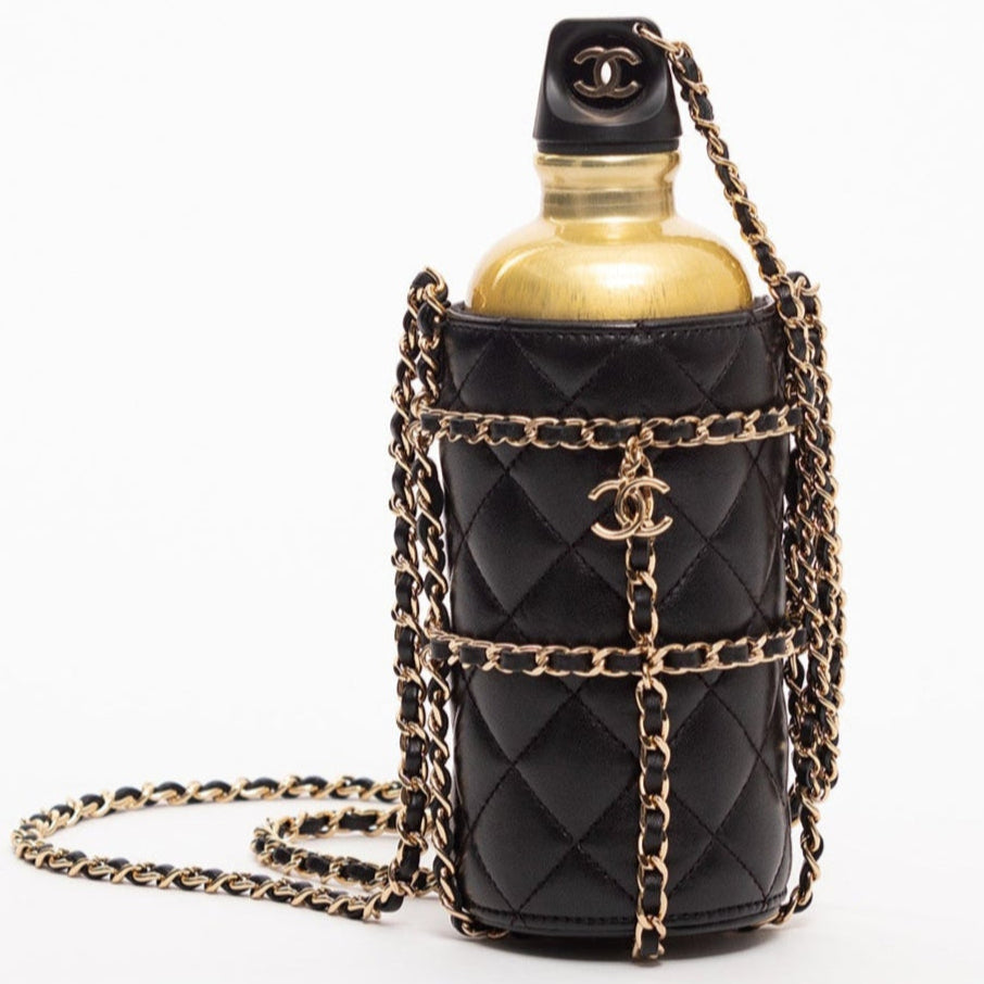 CHANEL Metal Flask Bag in Gold and Black Quilted Lambskin Leather Case