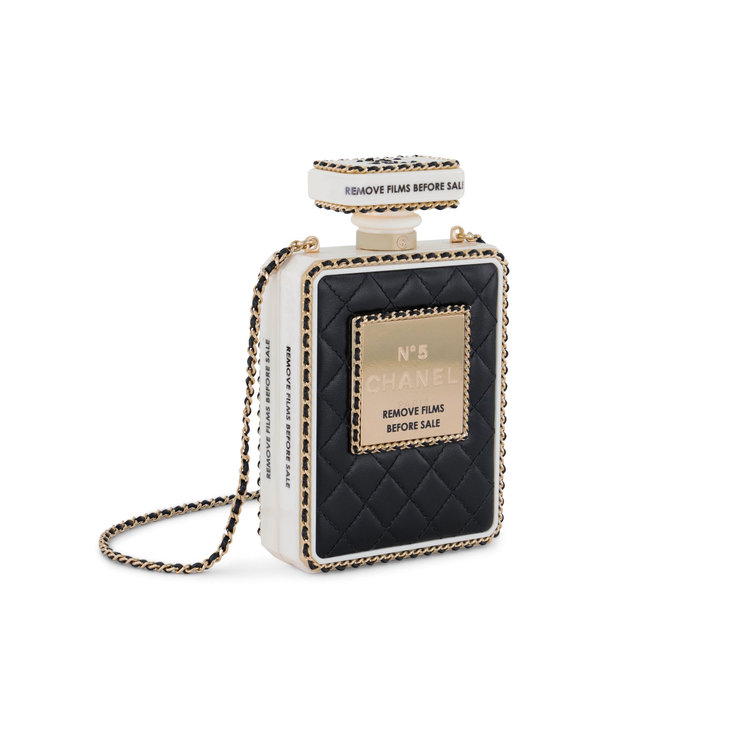 Chanel Noir & Blanc Quilted Perspex Perfume Bottle Minaudière with Champagne Hardware