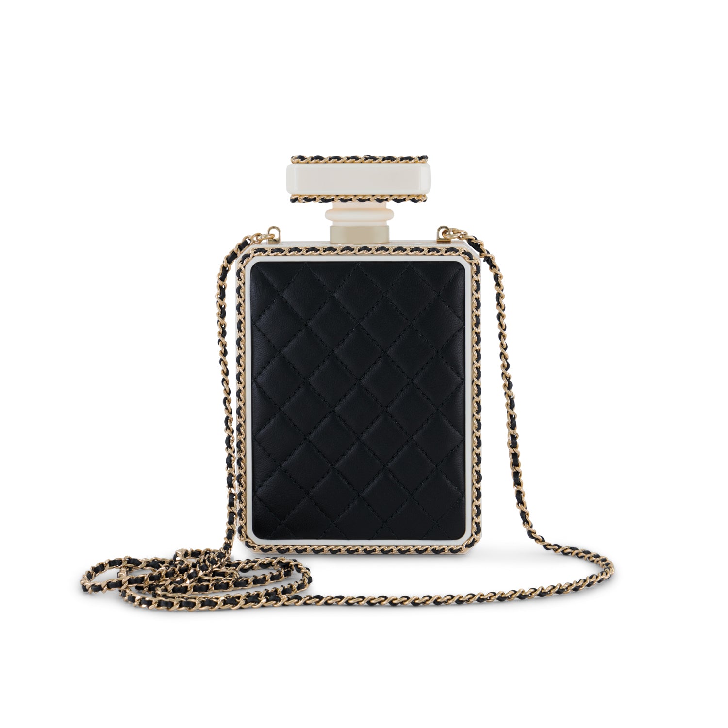 Chanel Noir & Blanc Quilted Perspex Perfume Bottle Minaudière with Champagne Hardware