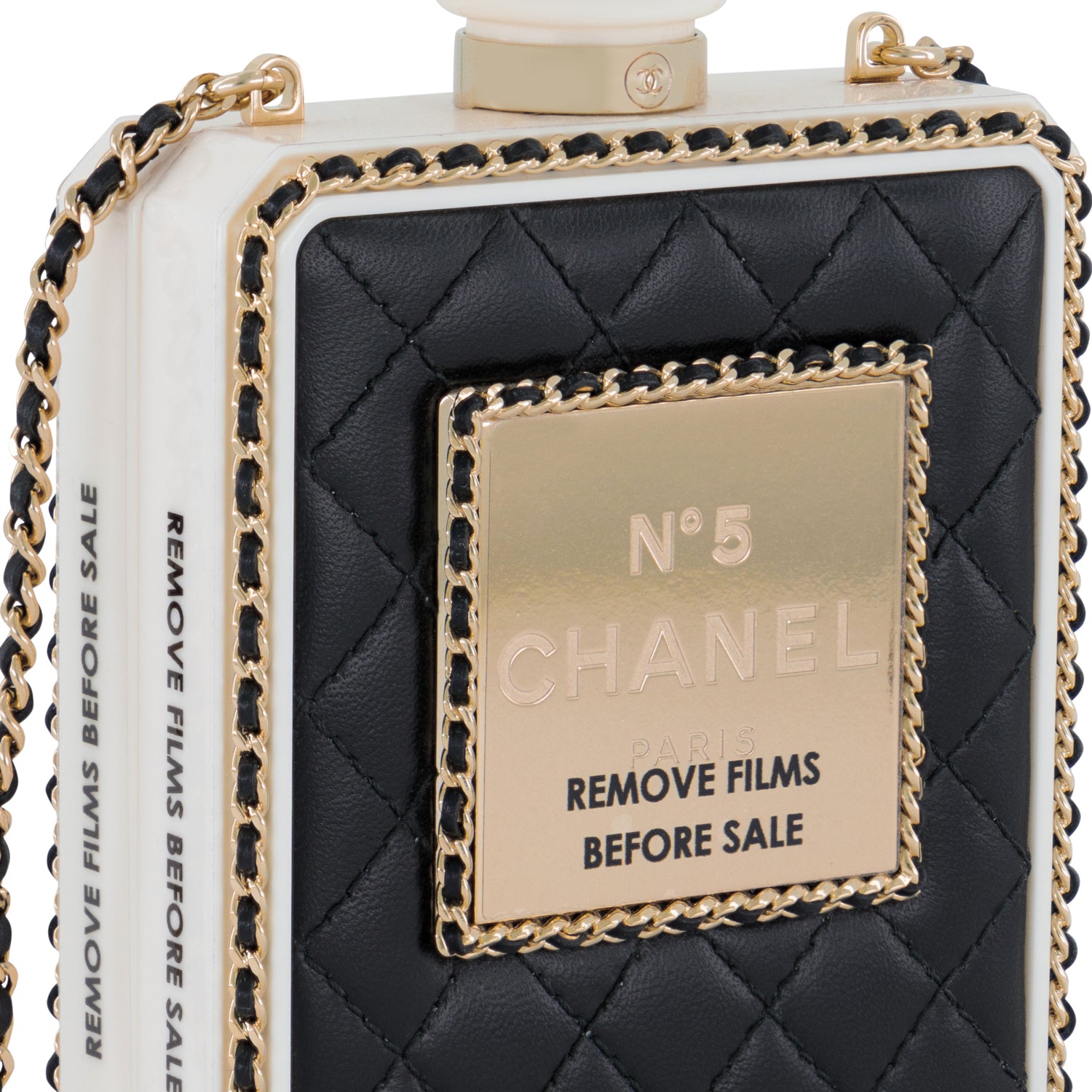 Chanel Noir & Blanc Quilted Perspex Perfume Bottle Minaudière with Champagne Hardware