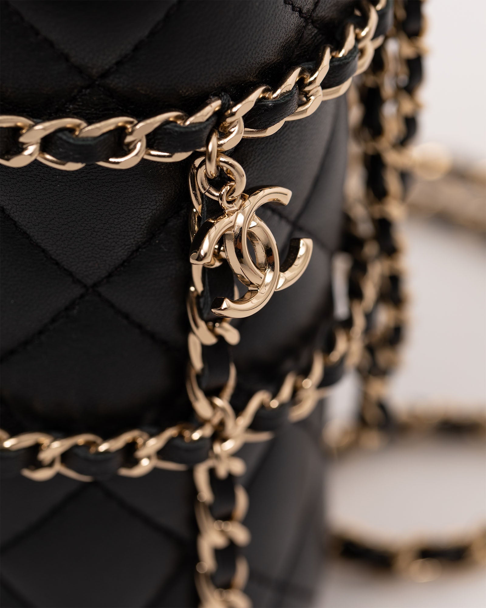 CHANEL Metal Flask Bag in Gold and Black Quilted Lambskin Leather Case