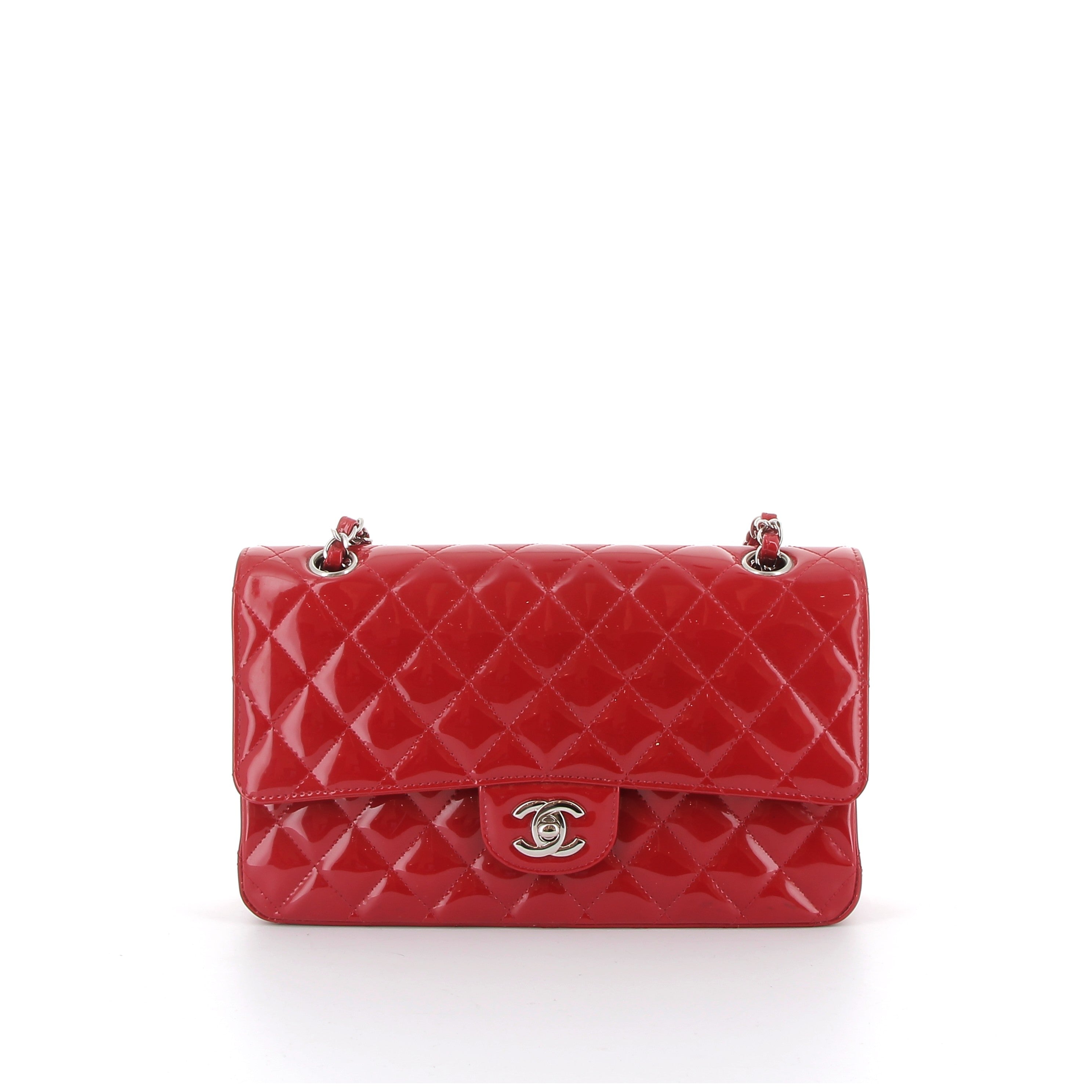 Chanel Red Patent Medium Double Flap with Silver Hardware