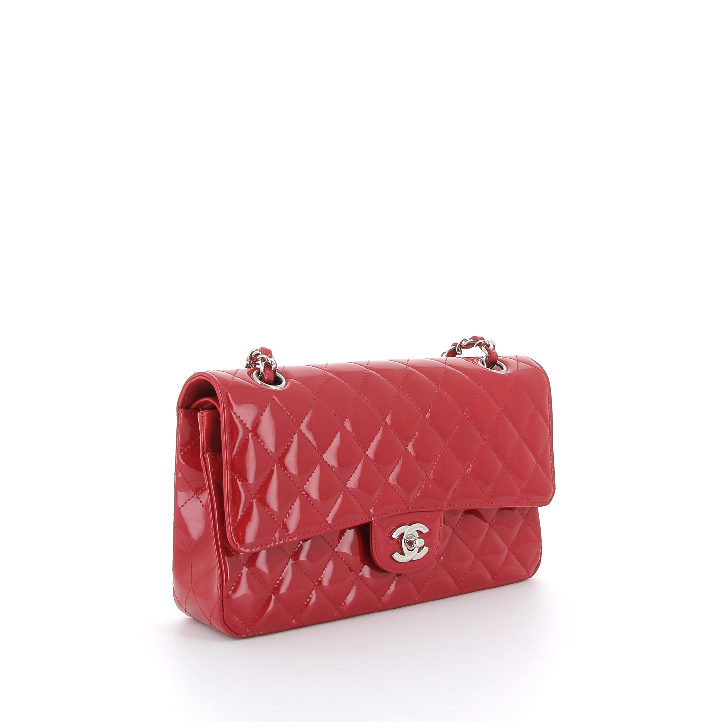Chanel Red Patent Medium Double Flap with Silver Hardware
